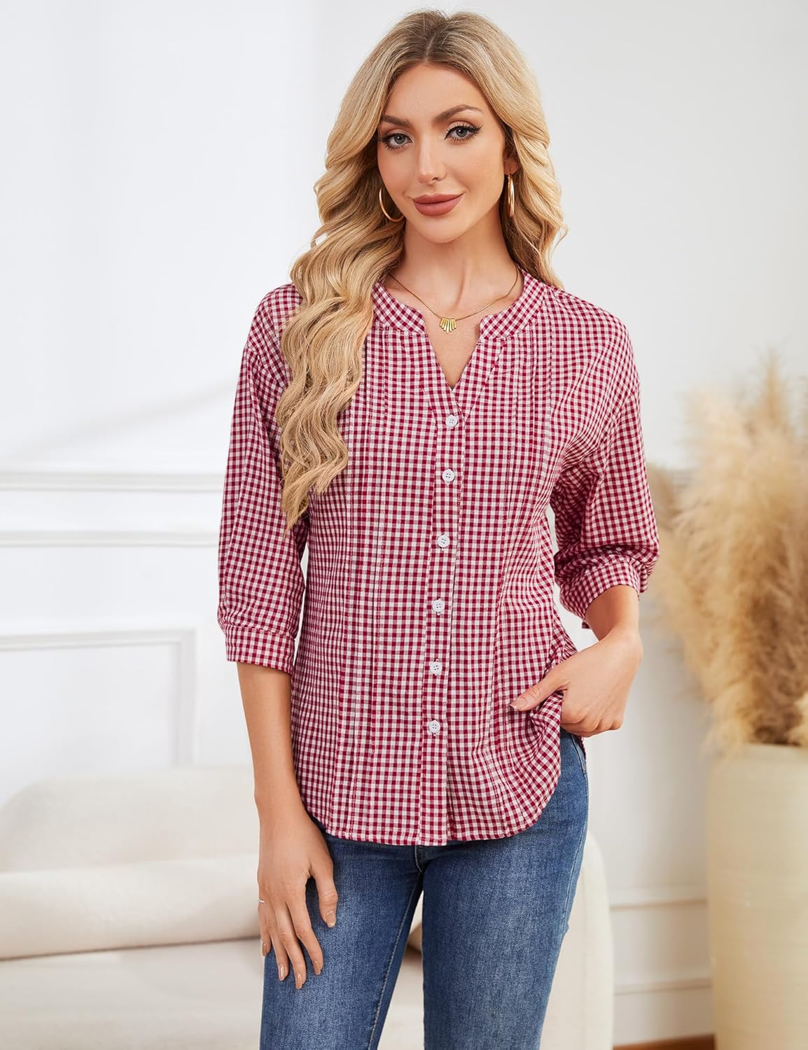 Micoson Womens 3/4 Sleeve Tops Cotton Linen Button Down Shirts V Neck Pleated Casual Loose Blouses Roll Up Sleeve Shirt - Image 4