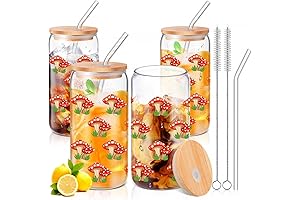 Mushroom Glasses Set: 16oz Glass Cups with Lids and Straws