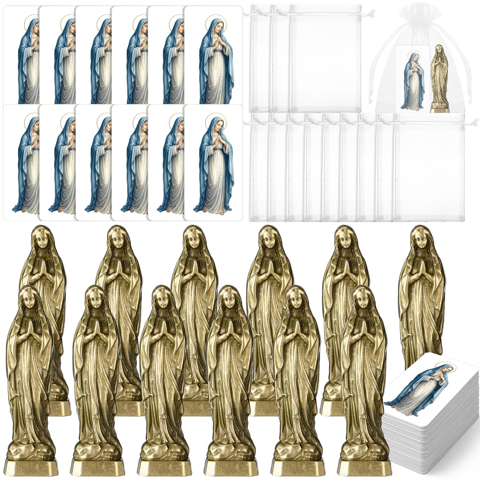 Bucherry 12 Set Virgin Mary Statue with Prayer Card Mini Catholic Statues Metal Mary Statue Catholic Recuerditos De Bautizo Religious Figurine Statues 2.36 Inch Portable Gifts Baptism Favors