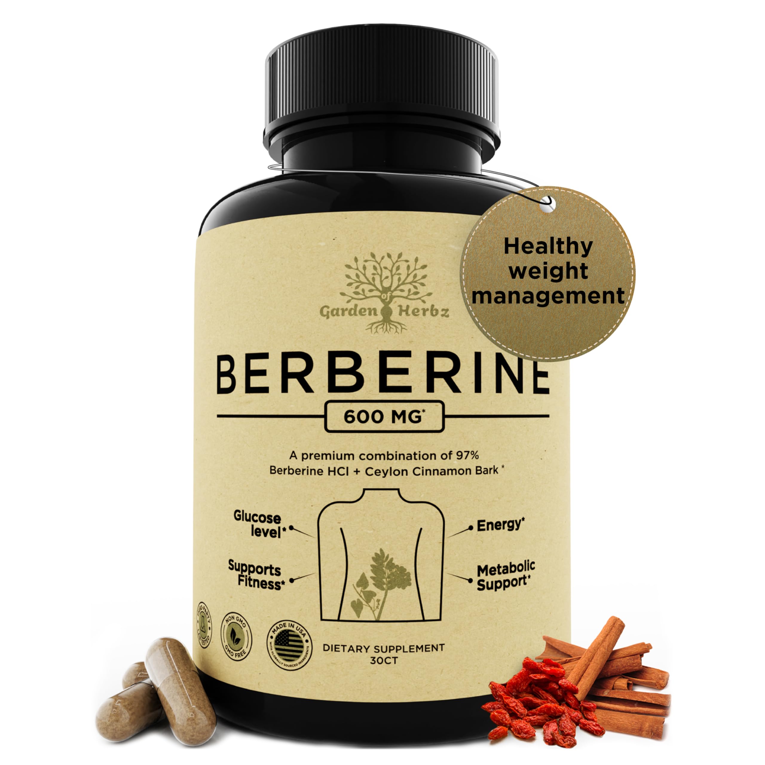 Berberine Supplement 600 Mg – Natural Berberine with Ceylon Cinnamon Capsules for Women & Men – Berberine with Ceylon Cinnamon, Non-GMO, Third-Party Tested 30 Count (Pack of 1)