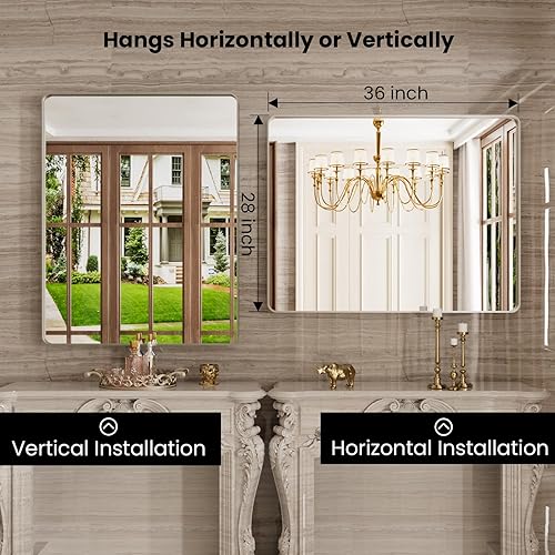 Miniatura 3 de Espejo de baño de plata cepillada para pared, espejo rectangular de metal con marco de metal de 24 x 36 pulgadas, espejo de tocador moderno montado