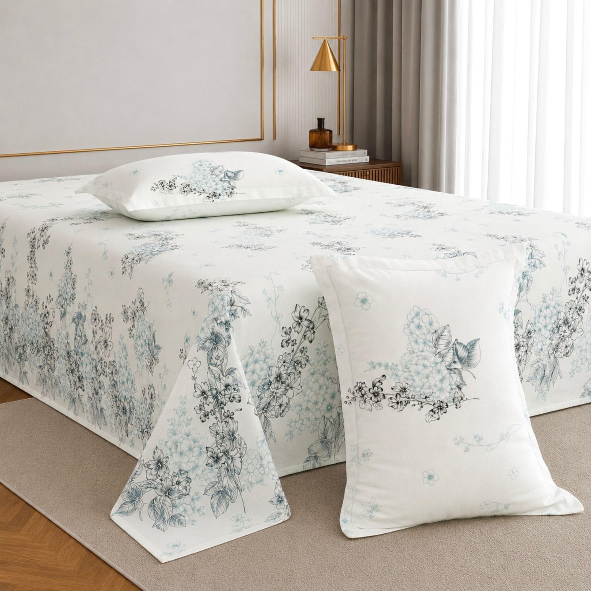 Jaipur Weaves Double Bed Cotton Bedsheet Queen Size 90x108, 100% Pure Cotton Bed Sheet with 2 Pillow Covers, 240 TC Soft Breathable Floral Design – (Garden Blue, Queen)