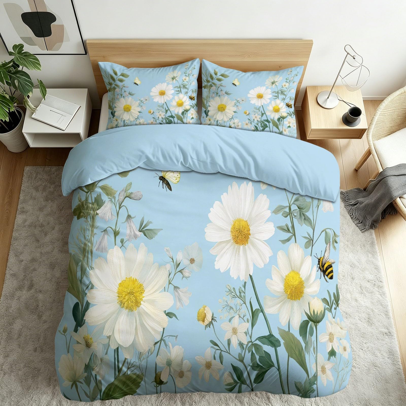 Housse de couette 200x200 sans repassage parure de lit microfibre anti-plis bleu