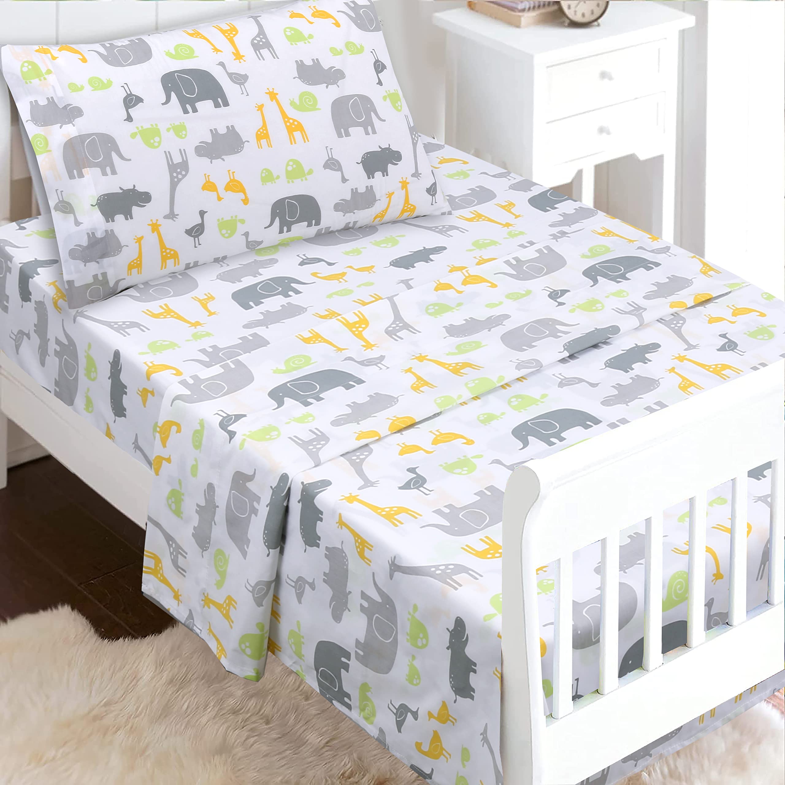 100 Cotton 3 Piece Toddler Sheet Set, Soft Breathable Crib Bedding Set for Boys Includes a Flat Sheet, a Fitted Sheet, a Pillowcase, Safari Fun Animals Elephant Giraffe Hippo Grey