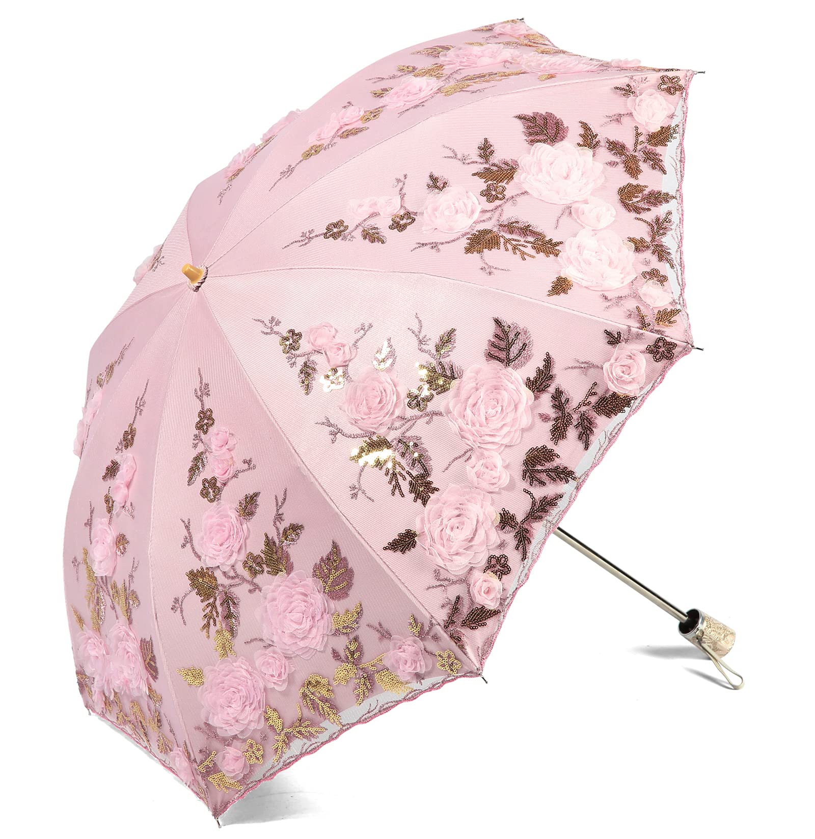 LCY Womens Anti-UV Lace Embroidery Folding Sun Parasol Rain Umbrella Wedding Umbrella-Pink