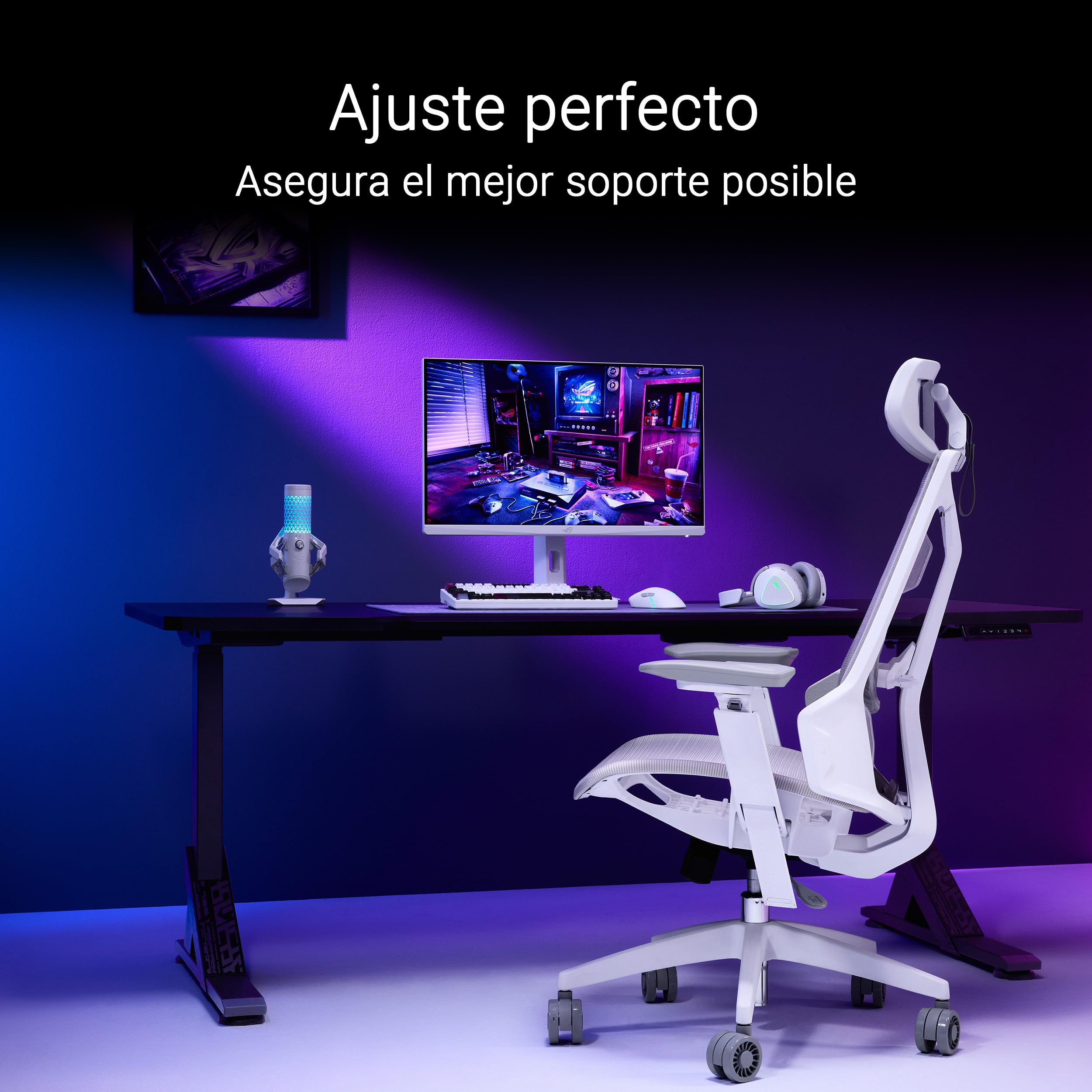 ASUS ROG Destrier Core Silla Gaming ergonómica, reposacabezas 2D, Soporte Lumbar, reposabrazos 3D para Gaming móvil, Profundidad y Altura Ajustables, reclinación en 3 Posiciones, Blanco Lunar
