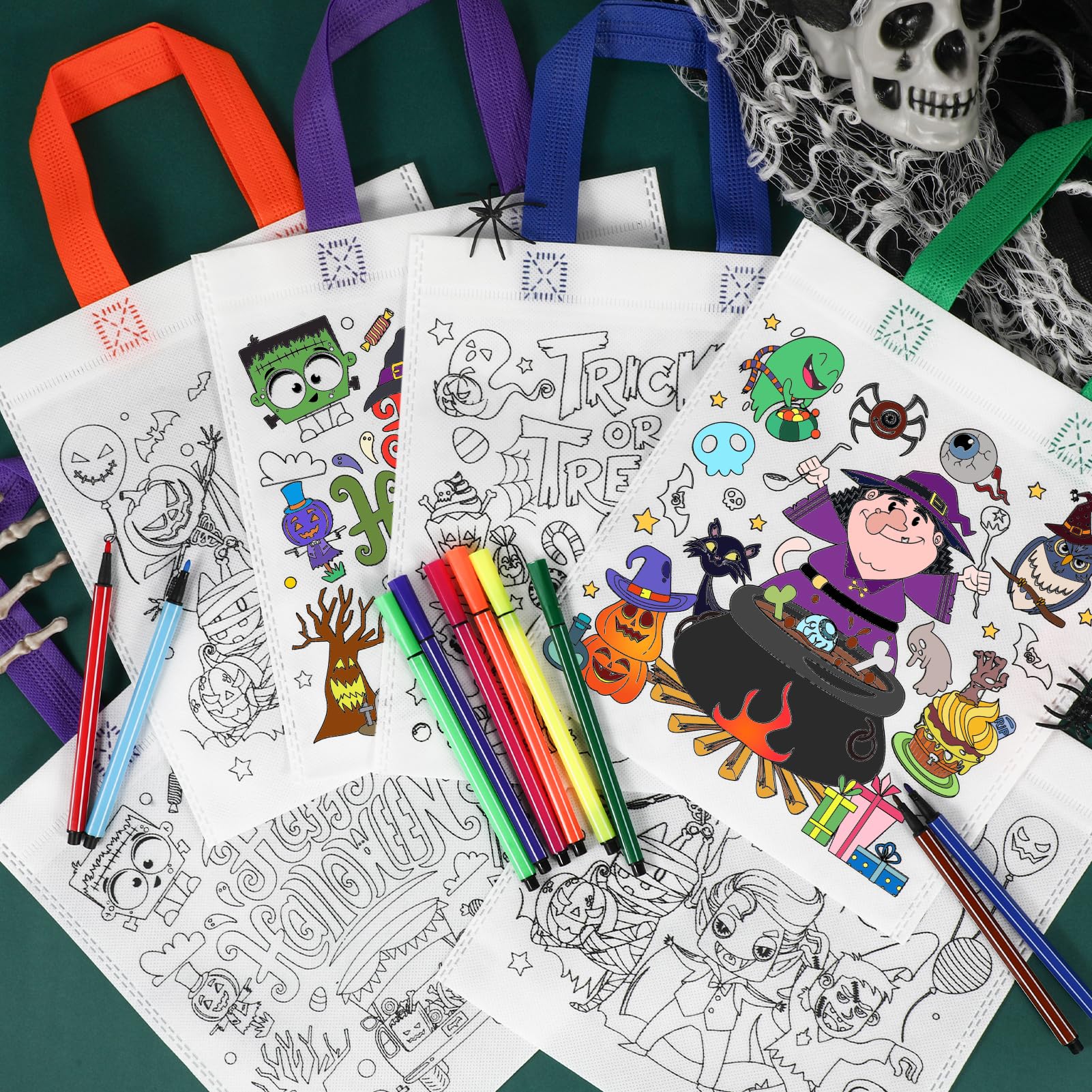 HOWAF 12pcs DIY Halloween Coloring Bags With Paint Pens - Trick Or Treat Goodie Bags For Kids Party