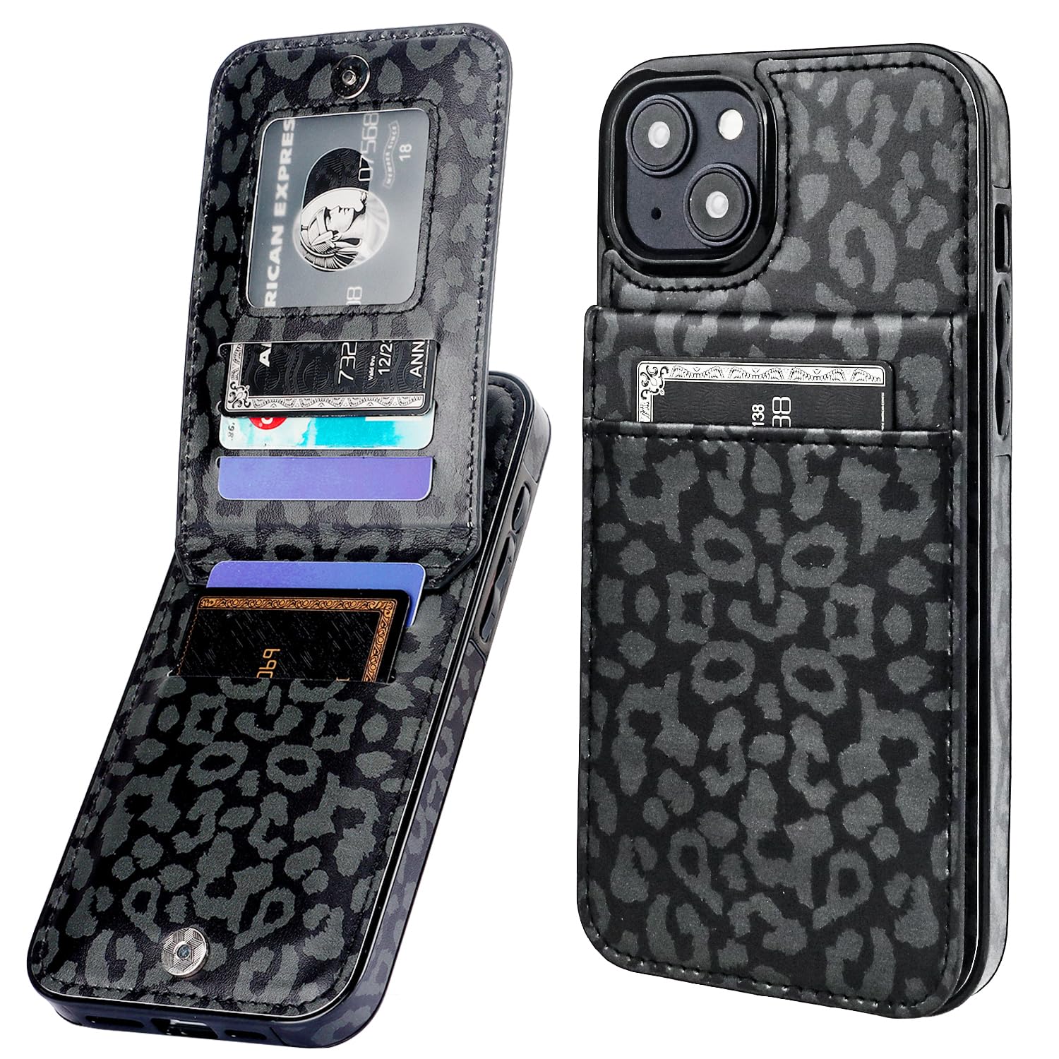 Vaburs Compatible with iPhone 15 Plus Case Wallet with Credit Card Holder, Black Leopard Cheetah Pattern Flip Premium PU Leather Magnetic Closure