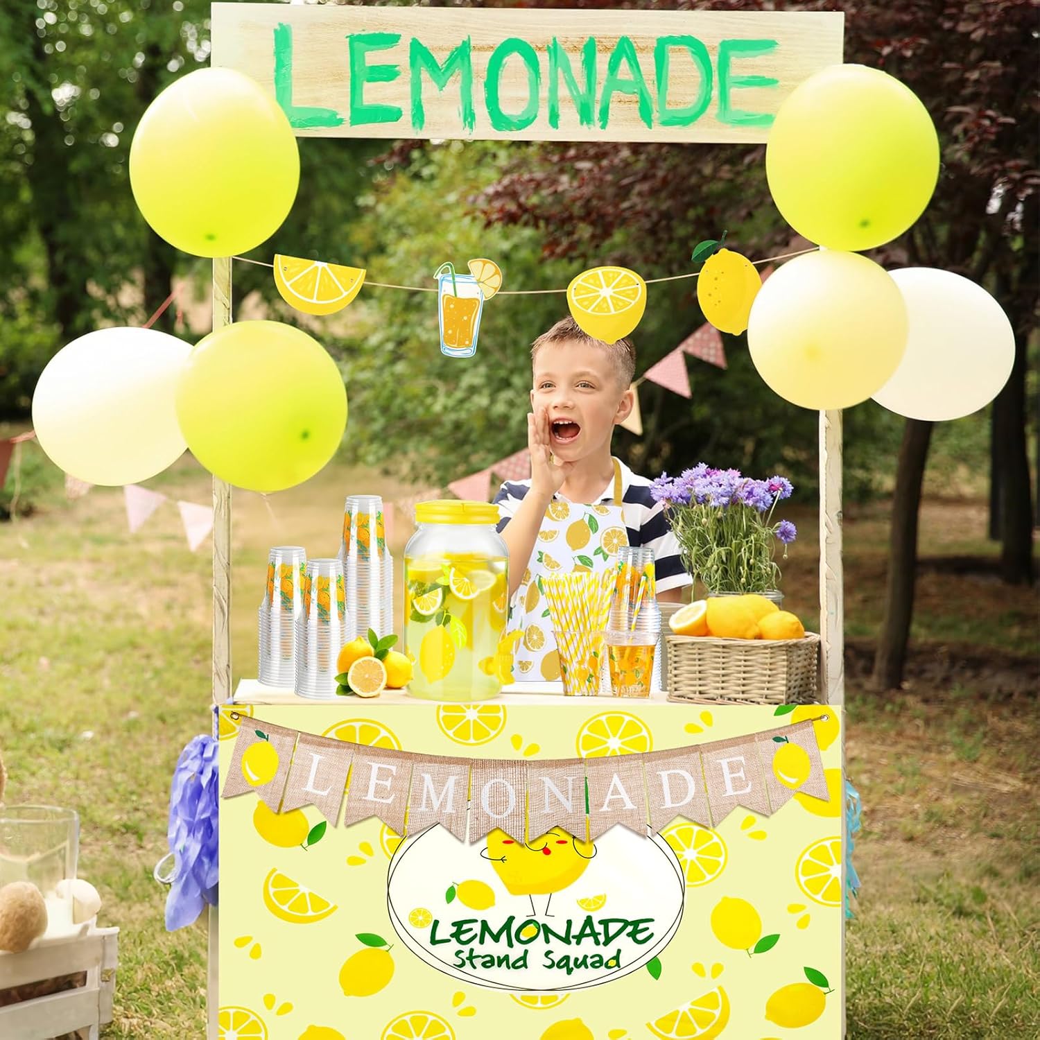VitalCozy 205 Pcs Lemonade Stand Supplies Include 1 Gallon Plastic Lemonade Dispenser, Lemon Tablecloth, 2 Banner, Apron, 100 Paper Cups with Lids Straws for Lemon Party Supplies, Picnic, Beach Favor