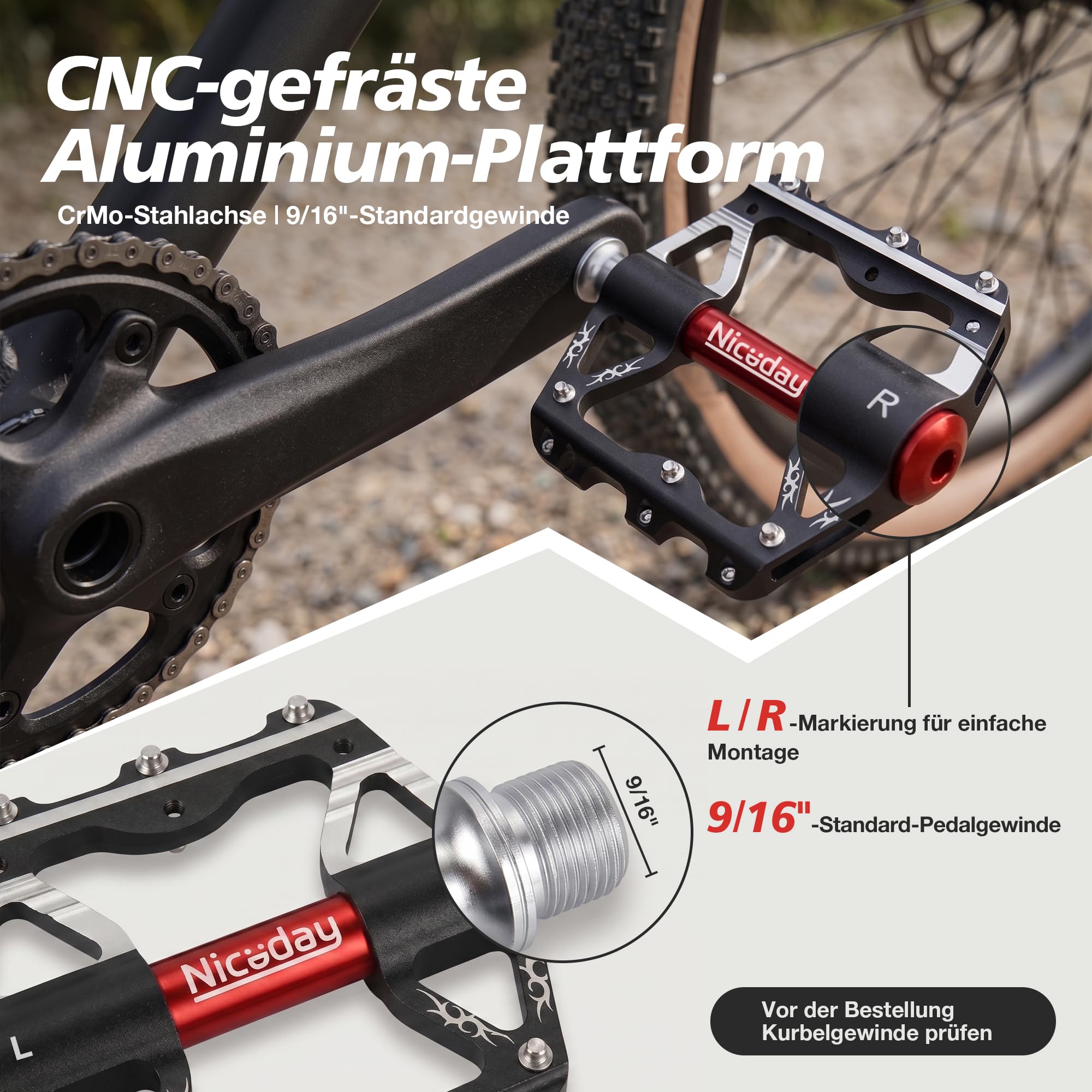 Niceday MTB Pedale Aluminium CNC, 301 g, 3 Lager, 9/16″ Gewinde, Silber