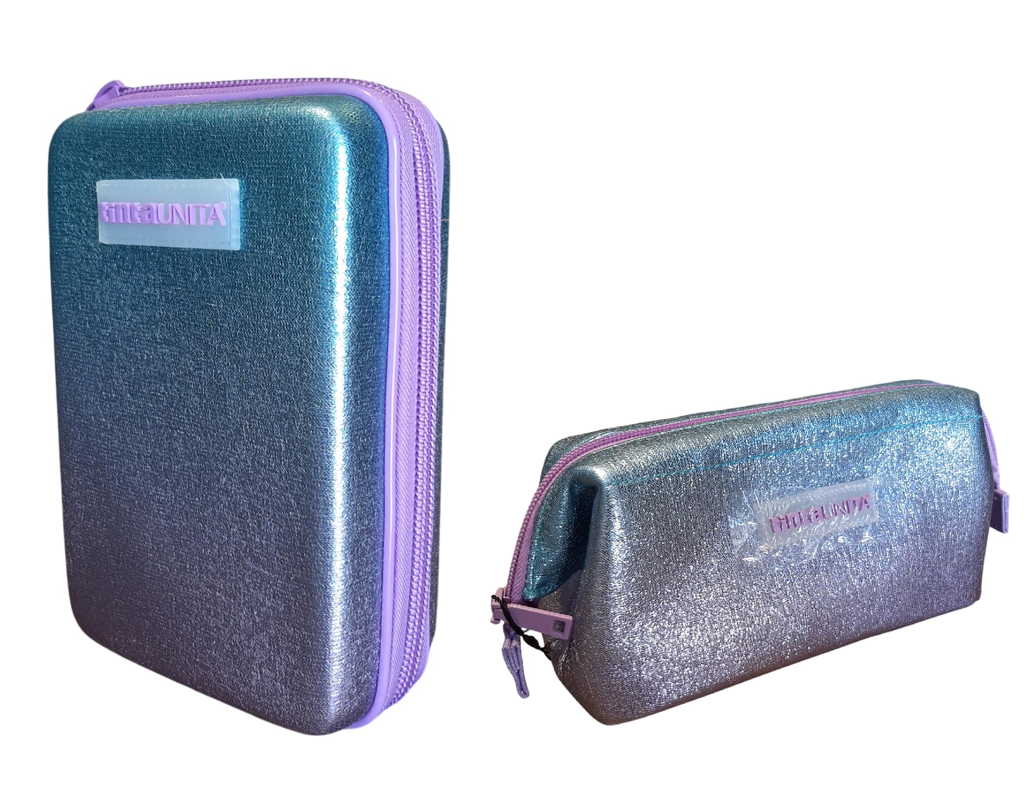 PRESTIGE & DELUXE Astuccio Corredo Tinta Unita Pool Over ONE TIME Gradient Azzurro Viola completo di cancelleria + astuccio Bustona Zip per Scuola Bambina Ragazza + portachiave e penna colorata