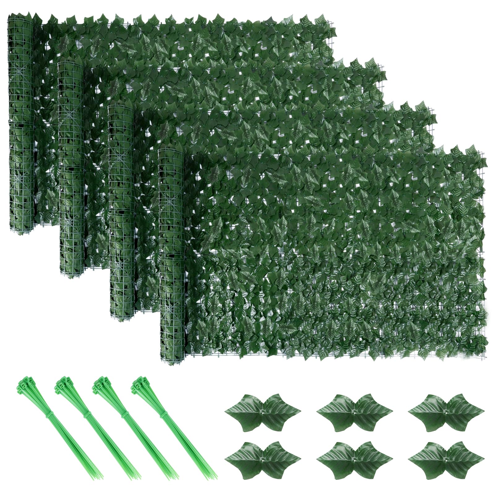 Artificial Ivy Fence Screen, 4PCS Garden Fence Screening Trellis with Artificial Leaves, 3m x 1m Expandable Faux Privacy Artificial Hedge Roll with 20pcs Zip Ties for Garden Balcony Outdoor Decoration