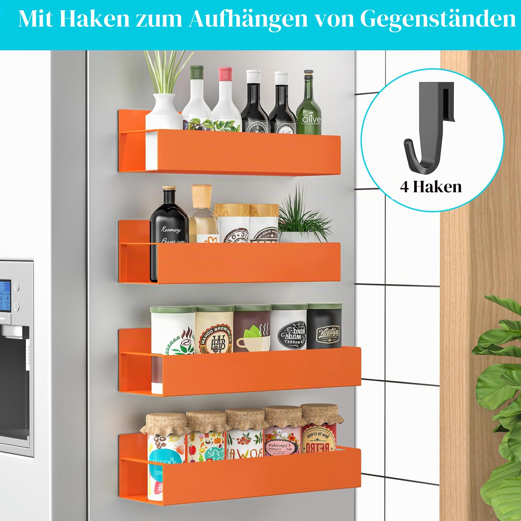 HuggieGems Magnetische Gewürzaufbewahrung für Kühlschrank und Ofen, orangefarbener Kühlschrank-Organizer und Aufbewahrung, 4 Stück