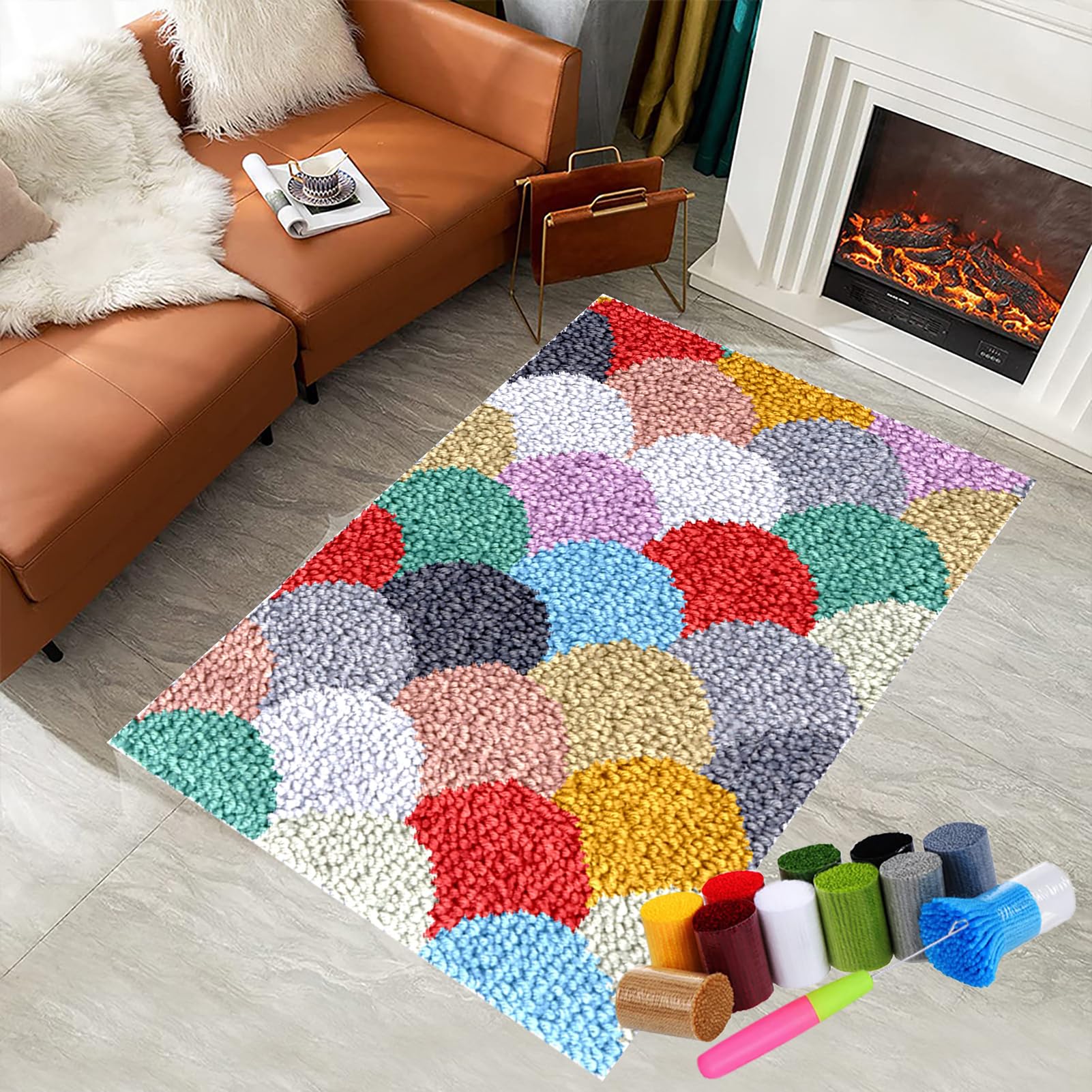 Latch Hook Kits for Adults Beginners, Tapestry Kits, Latch Hook Rug Kit for Home Décor, DIY Rug Making Kit for Adults with Printed Patterns, Canvas Yarn Latch Hook Kit, Crochet Kit 80 x 115 cm
