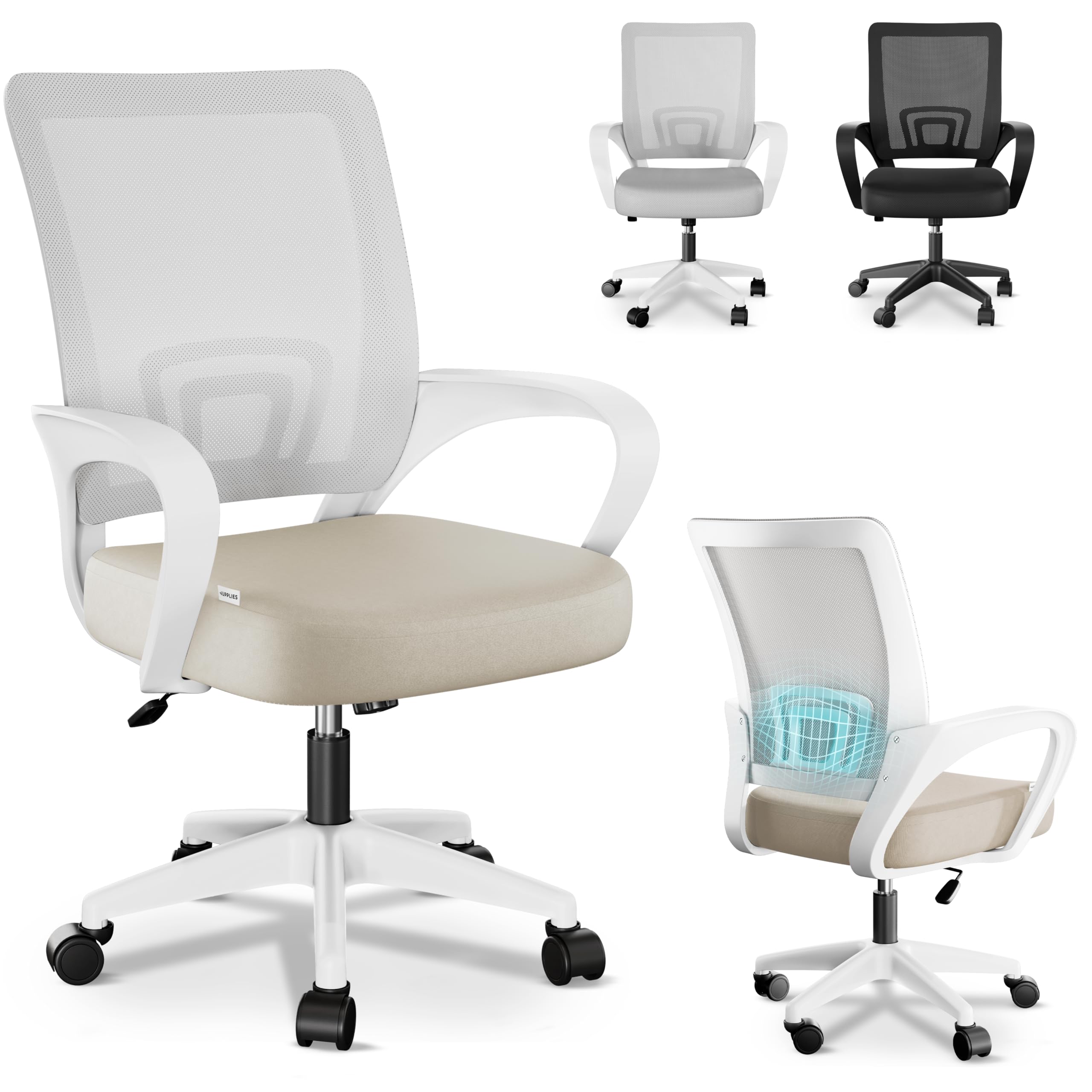 JUPPLIES Silla Escritorio Ergonomica - Silla Oficina con Apoyo Lumbar, Estructura de Plastico, Malla Transpirable, Ruedas Giratorias 360° Soporta hasta 120kg