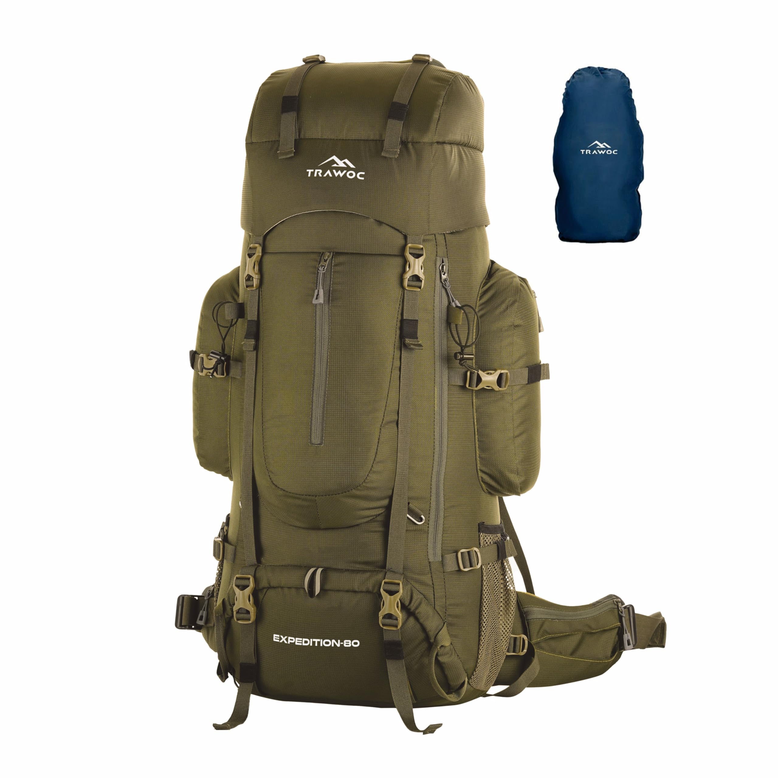TRAWOCEXPEDITION 80L Travel Backpack Camping Hiking Rucksack Trekking Bag for Men & Women with Water Proof Rain Cover/Shoe Compartment BHK001 Olive Green