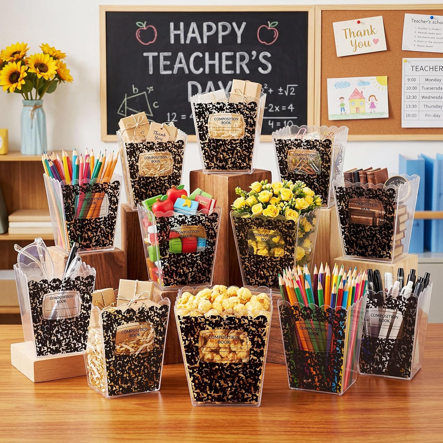Mumufy 12 Pcs Back to School Composition Book Containers Gift Boxes Candy Bar Party Supplies Plastic Popcorn Treat Holders Bulk