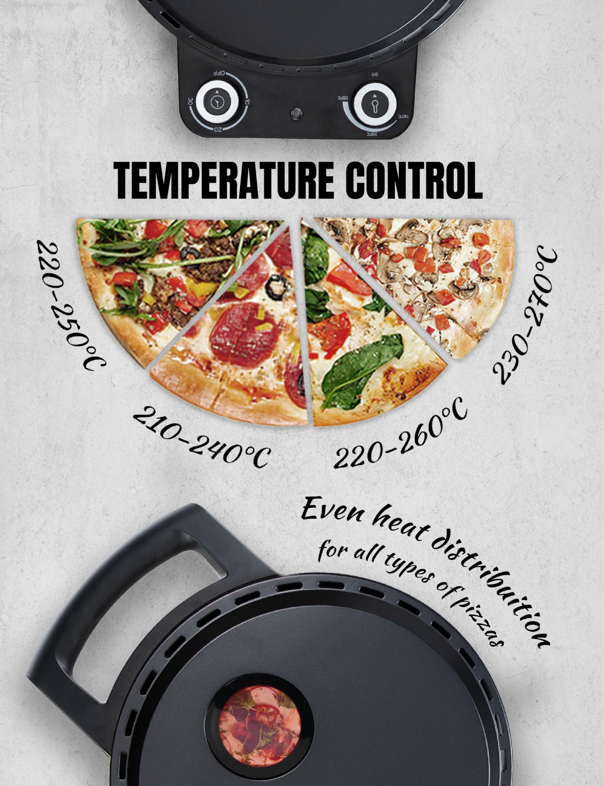 Bestron Pizzaofen für knusprige Pizzen in 5-10 Minuten, elektischer Pizzaofen mit bis zu echten 320°C Höchsttemperatur, inkl. Schamottstein & 2 große Holzspatel, Black Label, Farbe: Mattschwarz