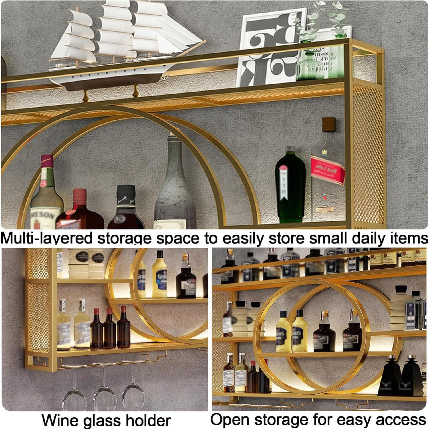 Botellero Industrial montado en la Pared, estantes de Hierro de 3 Niveles, Estante para Vino, Estante de exhibición para decoración del hogar,Botellero de Pared para Bares, Comedor y Cocina