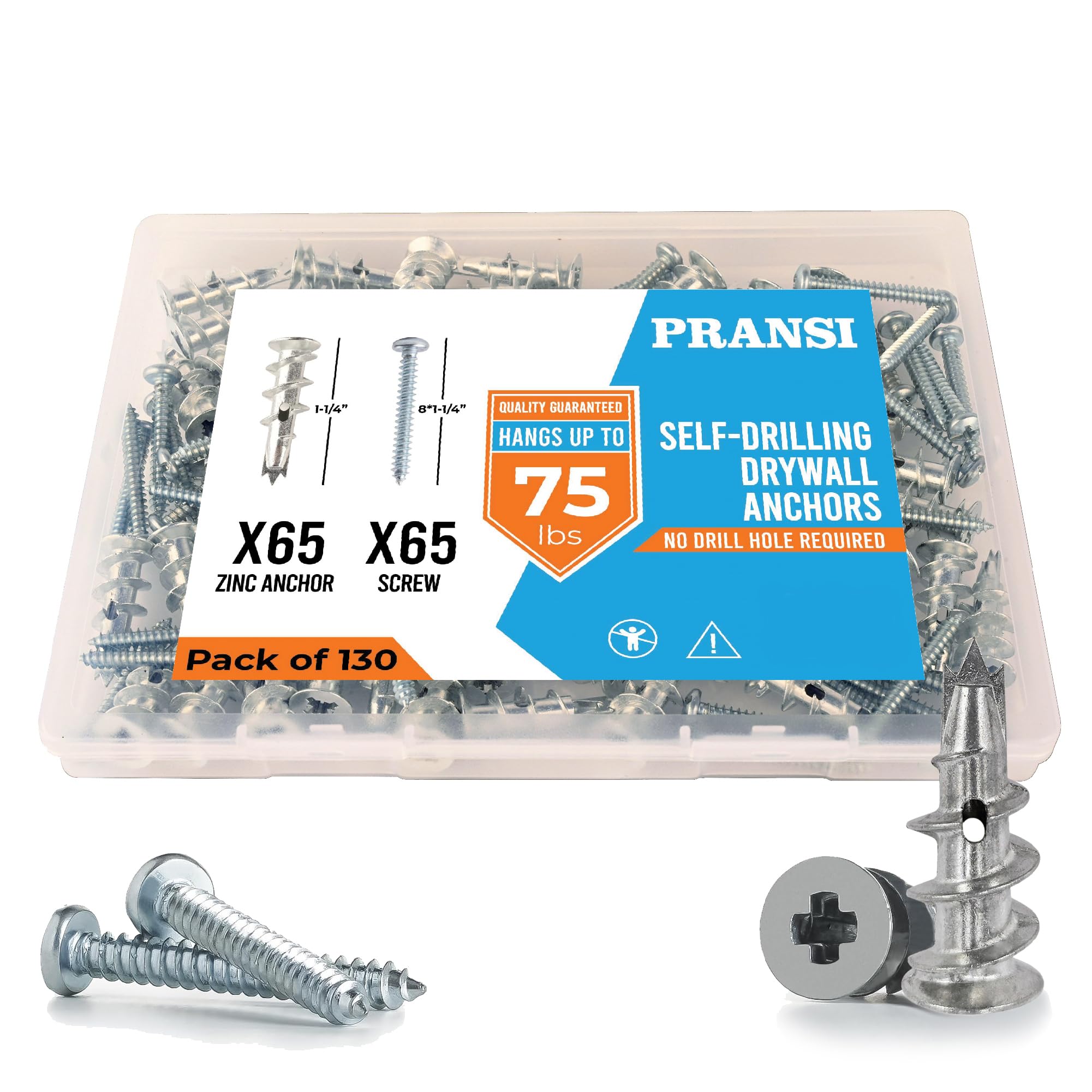 PRANSI Zinc Drywall Anchors and Screws Kit – 130pcs #8 x 1-1/4” Self Drilling Metal Wall Anchors – Heavy Duty Drywall Anchors Hold Up to 75lbs – No