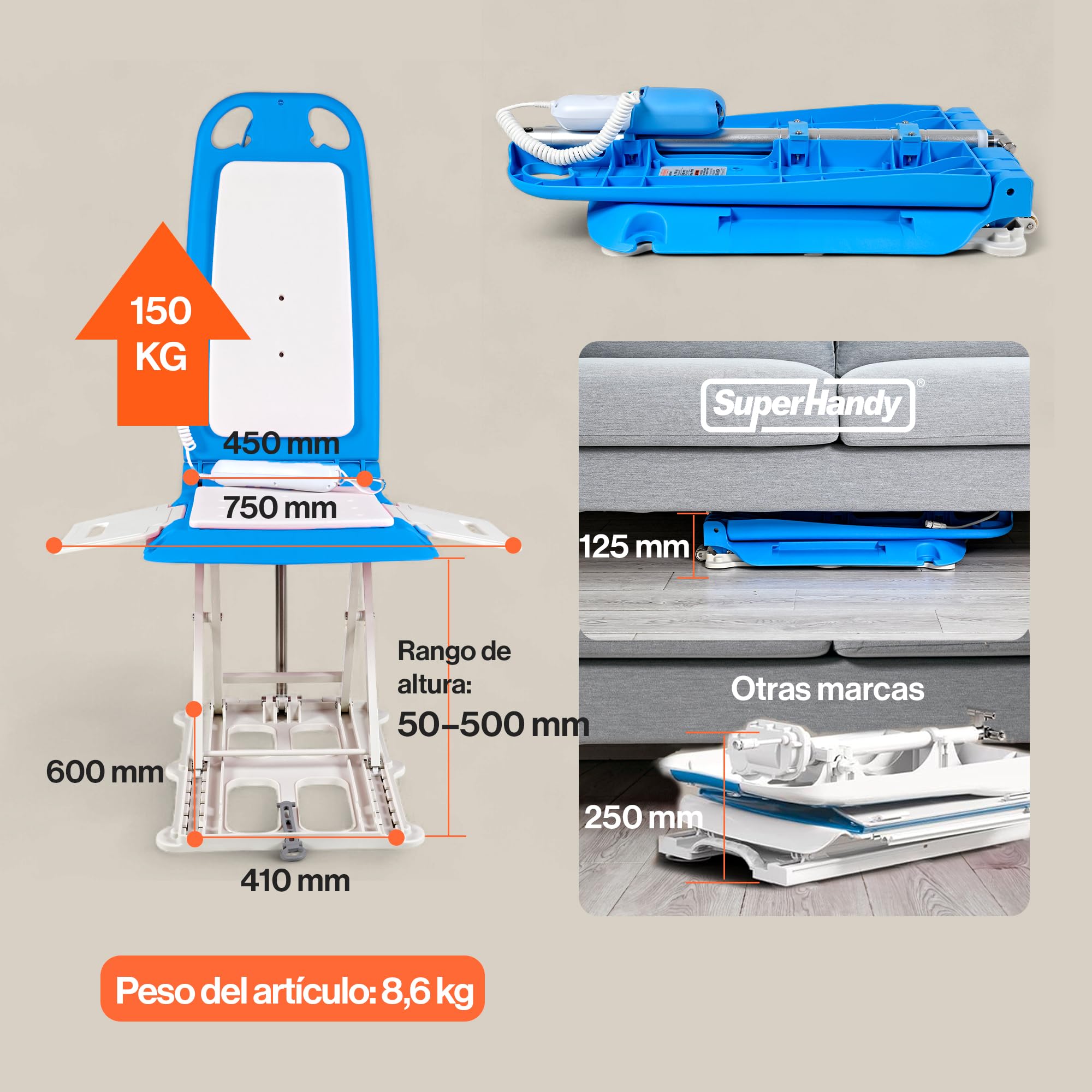 SuperHandy Elevador portátil de Suelo y bañera – Ligero 8,6 kg, Plegable, Capacidad de Carga 150 kg, Elevador Impermeable IP68 para Personas Mayores, Asiento ergonómico con Paneles Desmontables