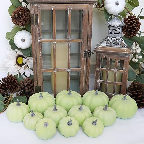 Miniatura 8 de BESTTOYHOME 12 Piezas Calabazas Artificiales Pequeñas Surtidas Verde Claro Calabazas Falsas Calabazas Decorativas de Cosecha Rústica Calabazas de