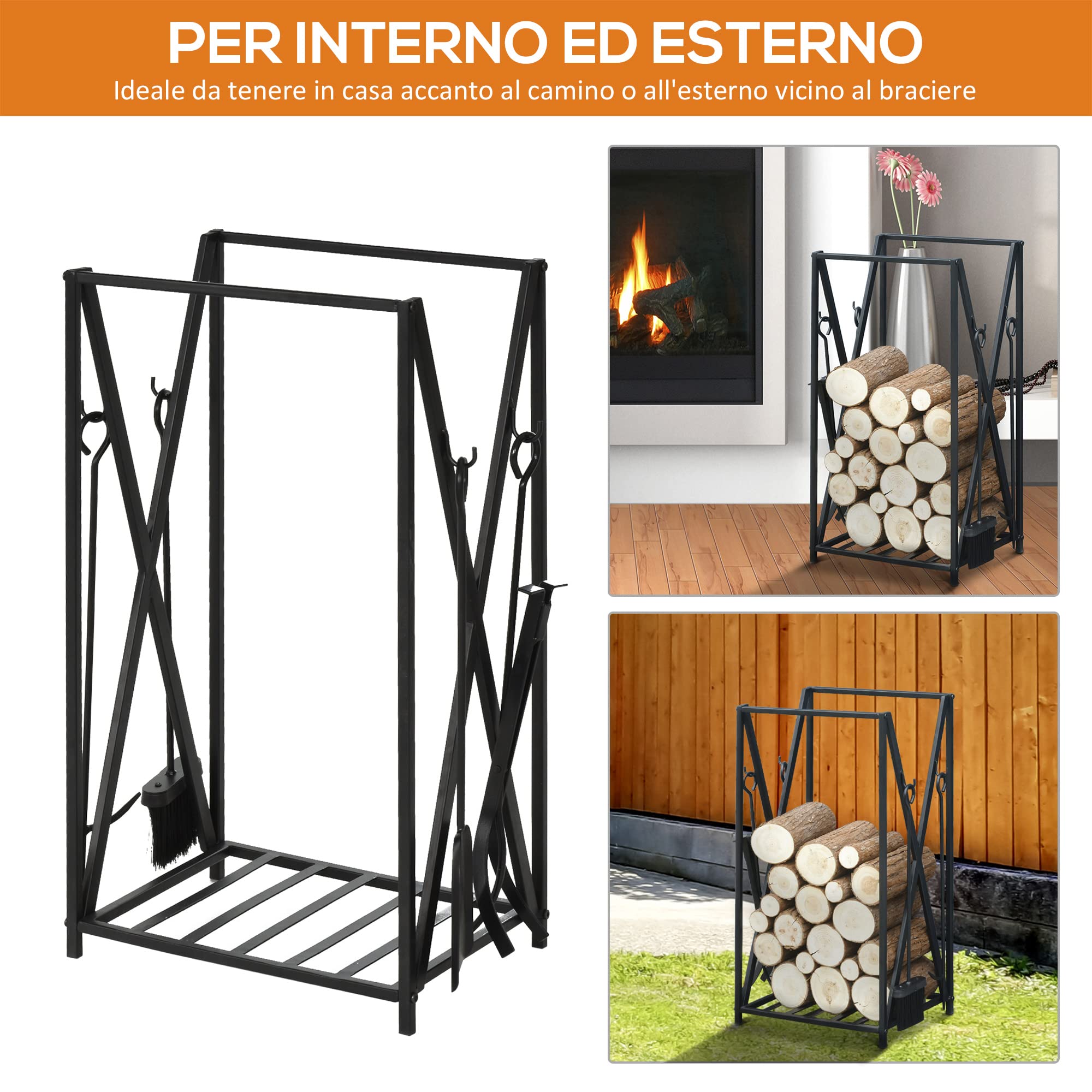 HOMCOM Scaffale Portalegna in Acciaio 4 Attrezzi, 46x30x76cm, Nero
