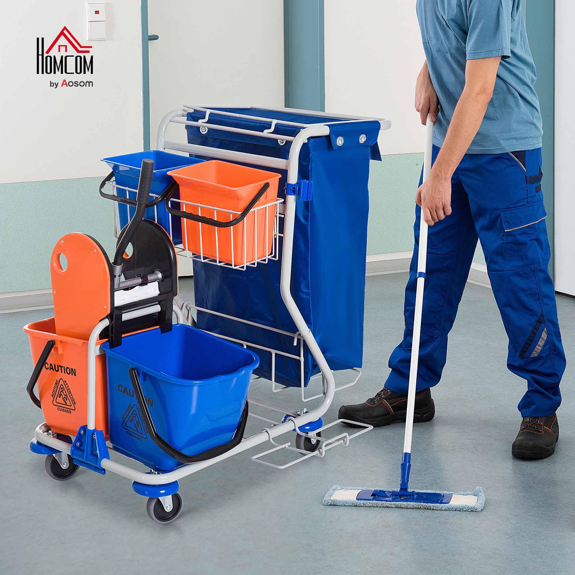 HOMCOM Putzwagen Reinigungswagen mit 2 x 18L & 2 x 6L Eimern Wischwagen Haushaltswagen mit Mopp-Presse, Aufbewahrungskorb, Blau Orange 93 x 80 x 97 cm