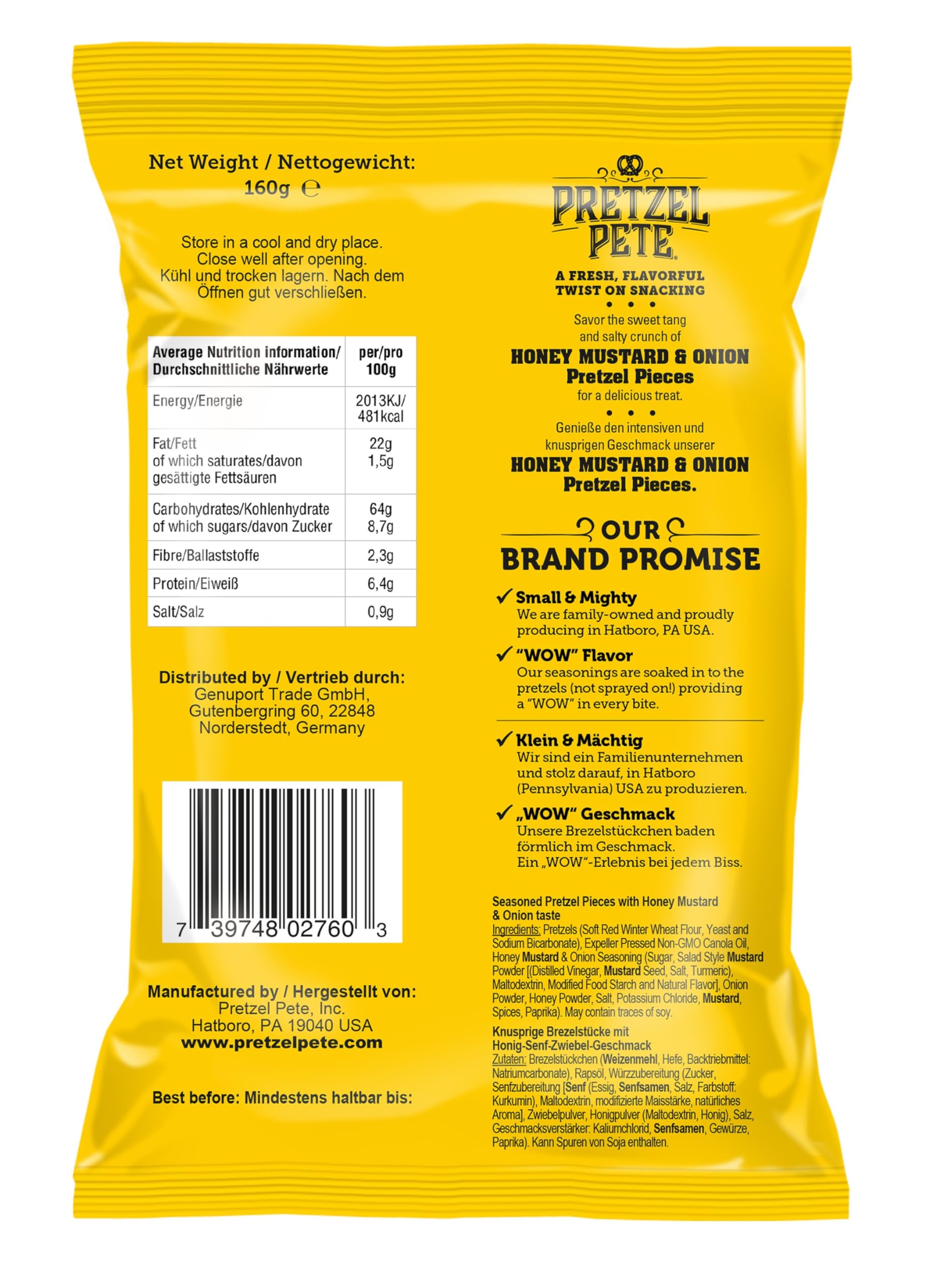 Pretzel Pete Honey Mustard & Onion pretzel con sabor a mostaza de miel y cebolla 160g
