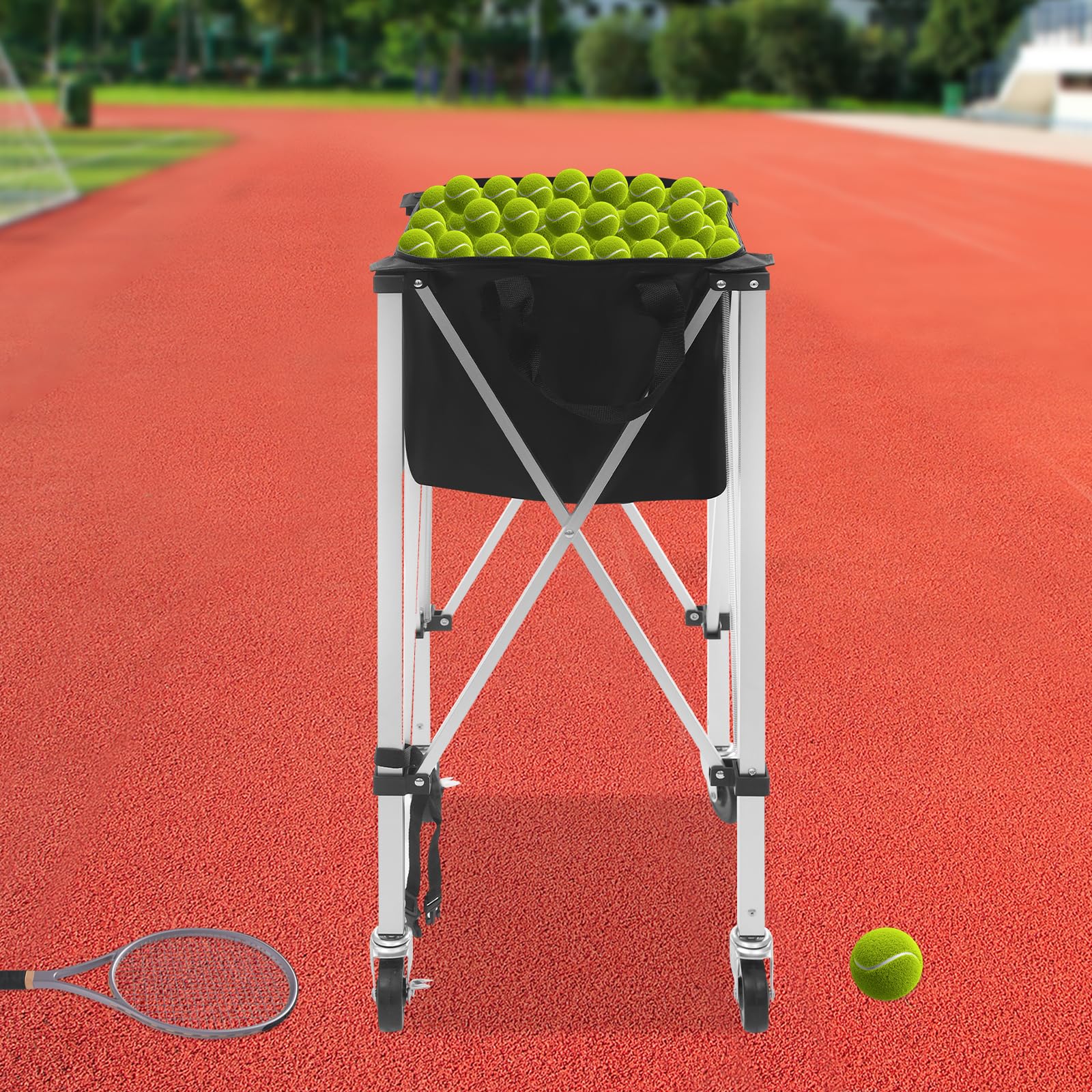 Cestino da tennis con ruote, carrello pieghevole per pallina da tennis con borsa per il trasporto, accessorio per allenamento per 150-170 palline da tennis, portata 40 × 40 × 90 cm fino a 20