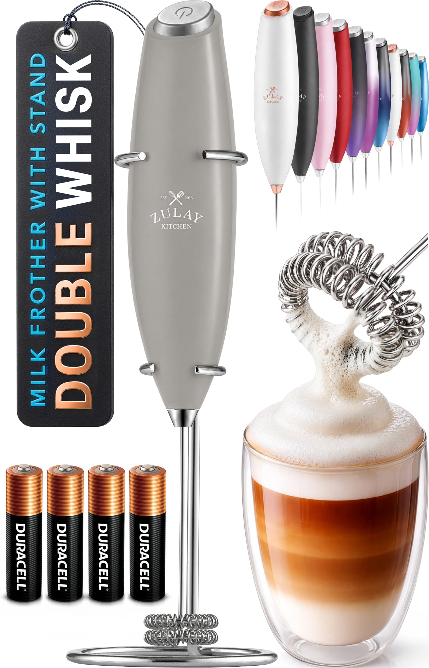Zulay Kitchen Powerful Milk Frother Wand With Duracell Batteries - Ultra Fast Handheld Drink Mixer - Electric Whisk Foam Maker for Coffee, Lattes, Cappuccino &amp; Matcha - Double Whisk - Gray