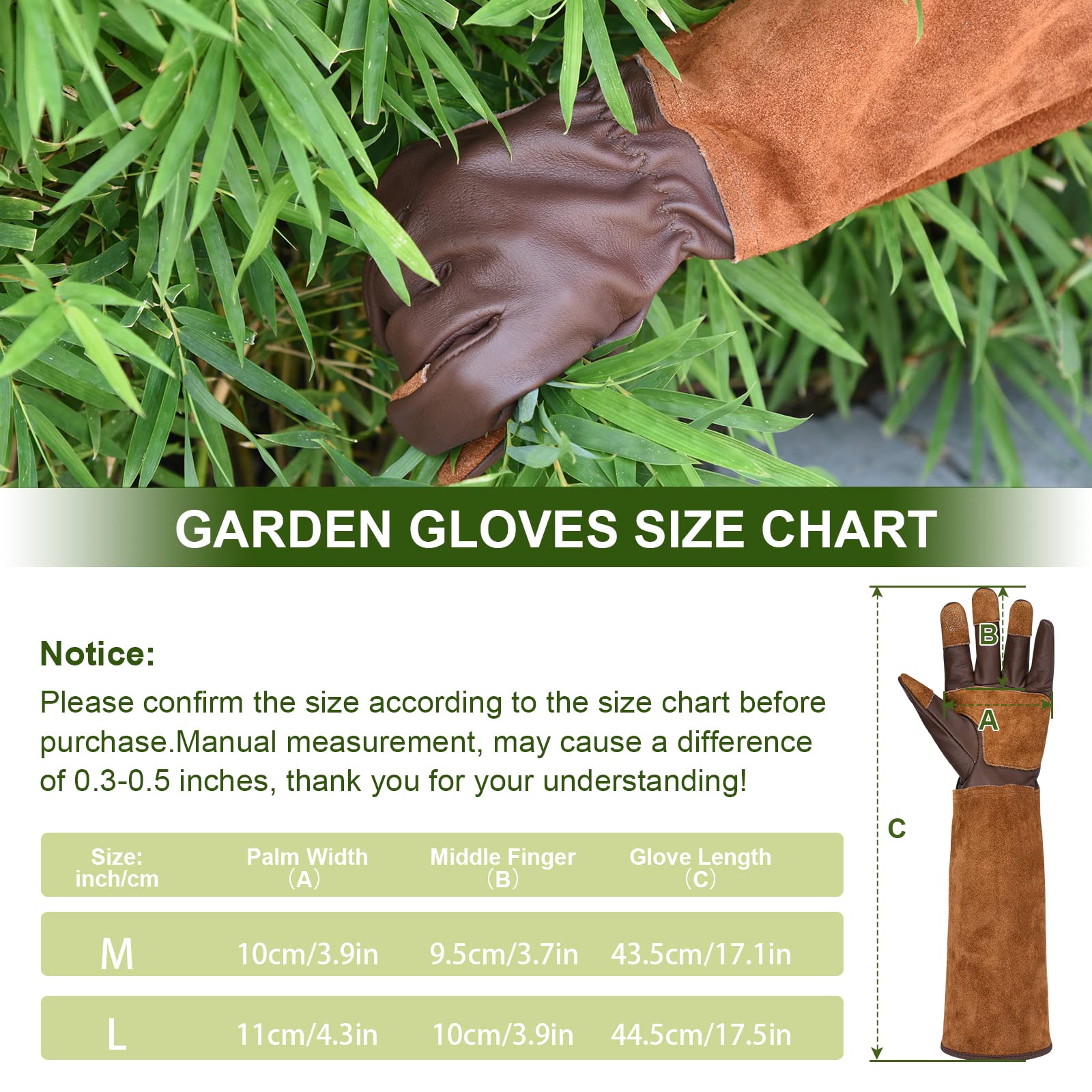 Lange Gartenhandschuhe für Damen, dornsicher, rosenbeschneidend, Rindsleder, Gartenhandschuh für Kakteen, Rosen und Brombeere (Größe M, Dunkelbraun)