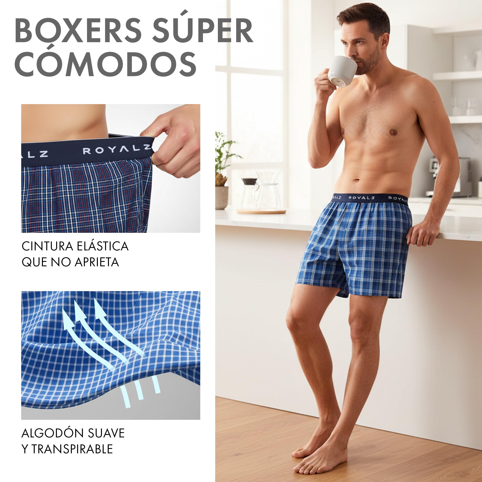 ROYALZ Calzoncillo Bóxer Americano Hombre Set de 5 Azul 100 Algodón Estilo American Style Ropa Interior Ancha Paquete 5