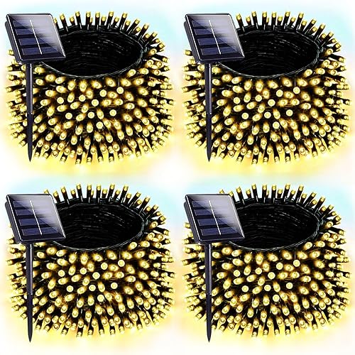 Paquete de 4 luces solares de Navidad de 160 pies, 400 luces LED solares para exteriores con 8 modos de iluminación, luces solares impermeables para