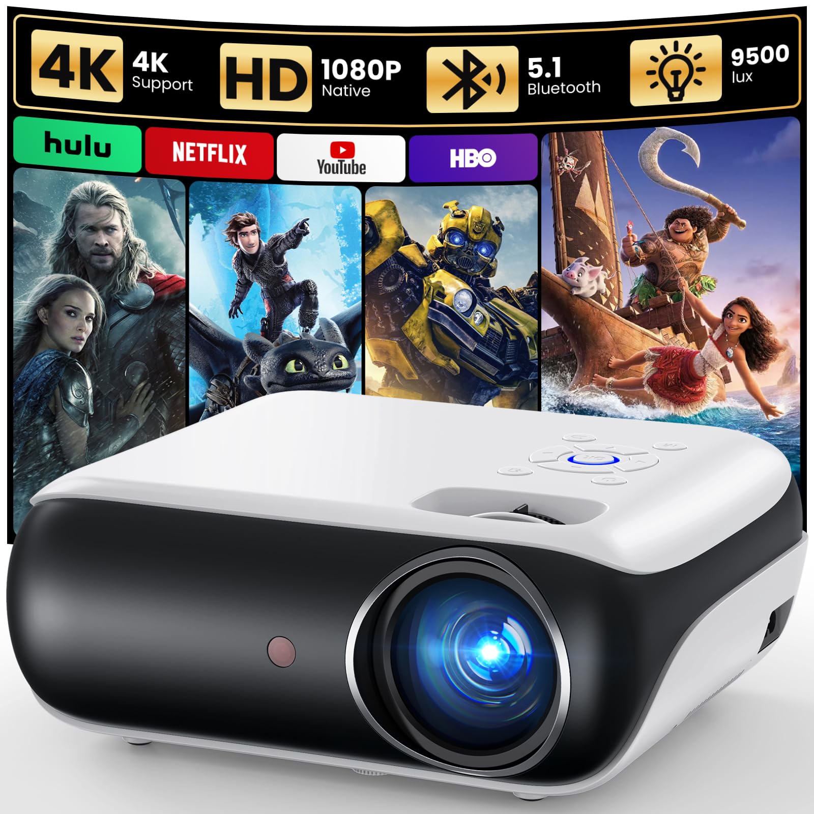 Mini proiettore HAPPRUN H1 Full HD con Bluetooth – proiettore nativo 1080P portatile da esterno con altoparlante, compatibile con smartphone, HDMI, USB, AV, TV Stick, PS5 per home theater, camera da