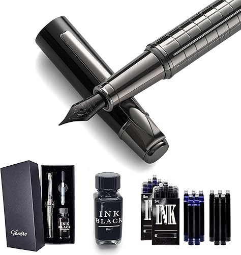 Vandro Juego completo de pluma estilográfica de lujo, agarre cómodo con punta fina suave, incluye 10 cartuchos de tinta, botella de tinta negra,
