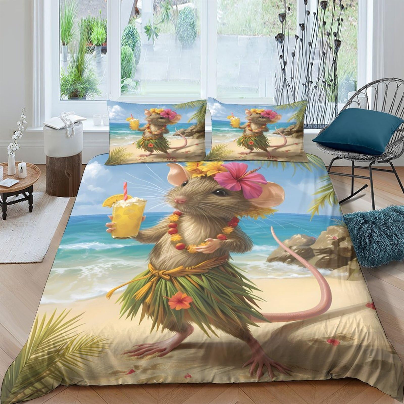 Ctjqhvkz Style-2 3D Printed Beach Mouse Fitted Sheet Microfiber Soft Cartoon Tropical Animal Mattress Cover For Bedroom Dorm Décor Single（135X200cm）