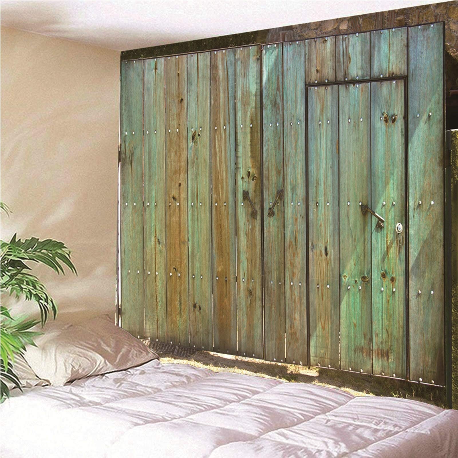 Aeici Tapiz Tela Muro Playa, Decoraciones De Pared De Dormitorio Tapiz Tablas de Madera- Verde marrón, 240x220CM