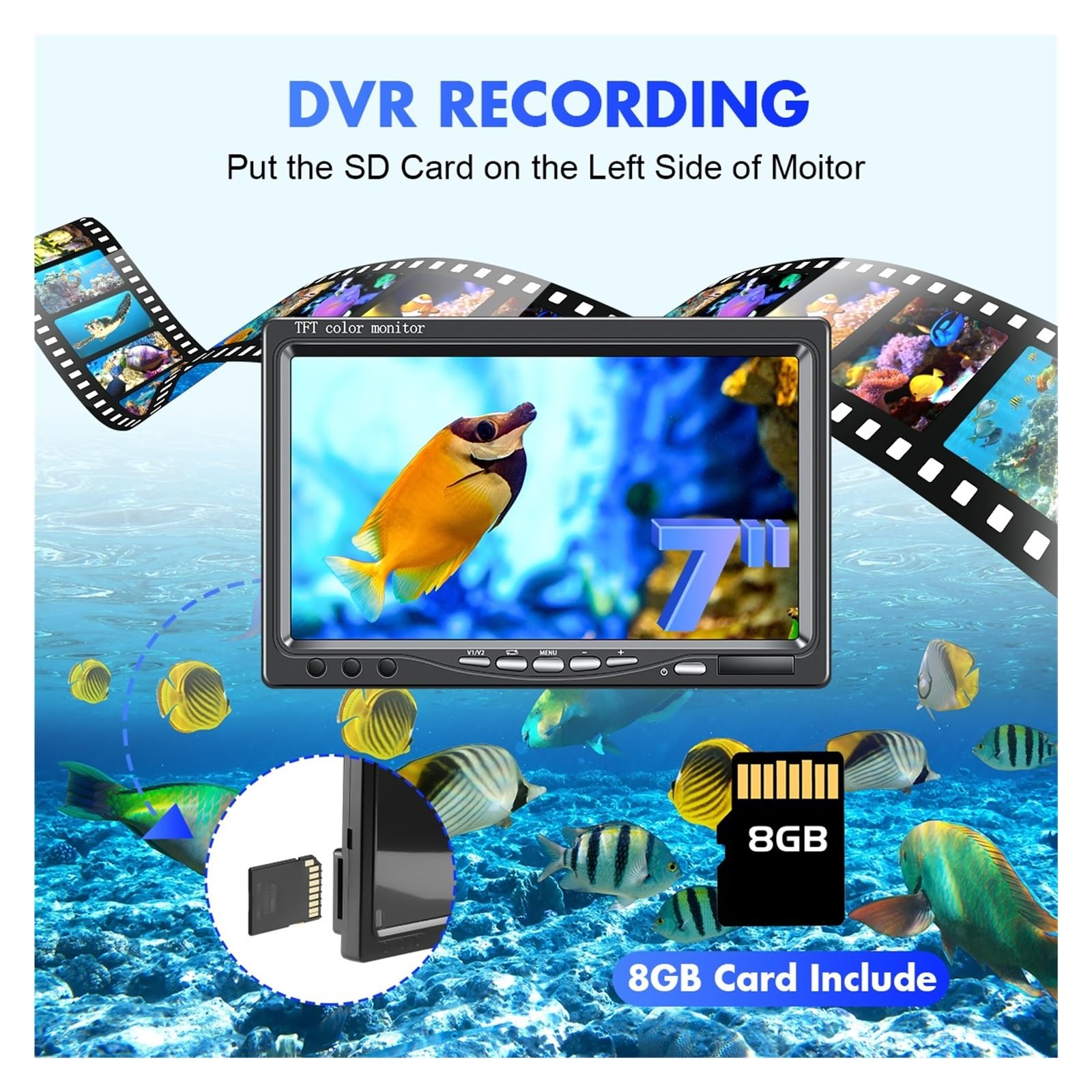 Cámara de Pesca, Kit de cámara Pesca subacuática portátil 30 LED, Compatible con DVR, Monitor 7 Pulgadas, Detector Peces vídeo, 1000TVL for en Hielo/mar