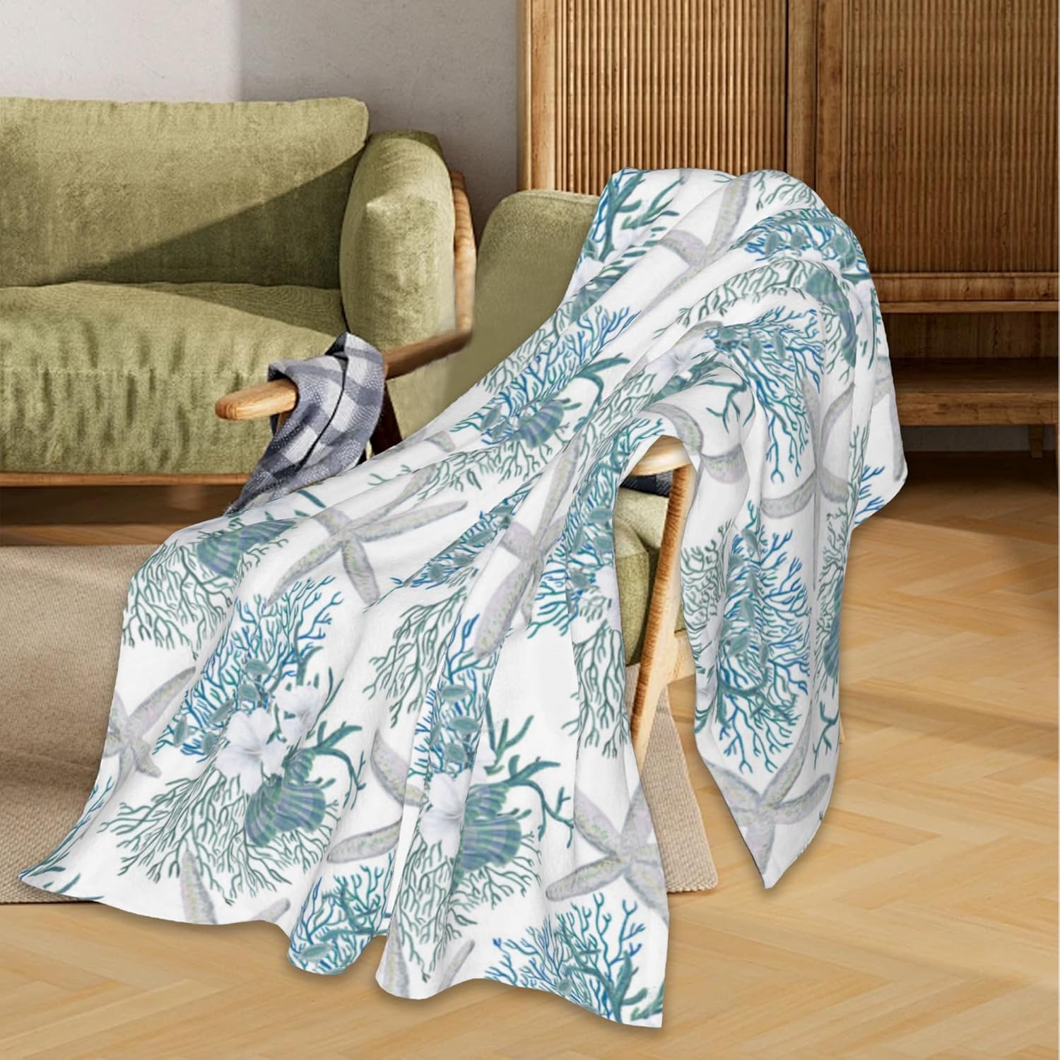 Coastal Beach Blanket,Starfish Seashell Coral Soft Lightweight Throw Blanket for Sofa Couch Bed Room 50x60 inch