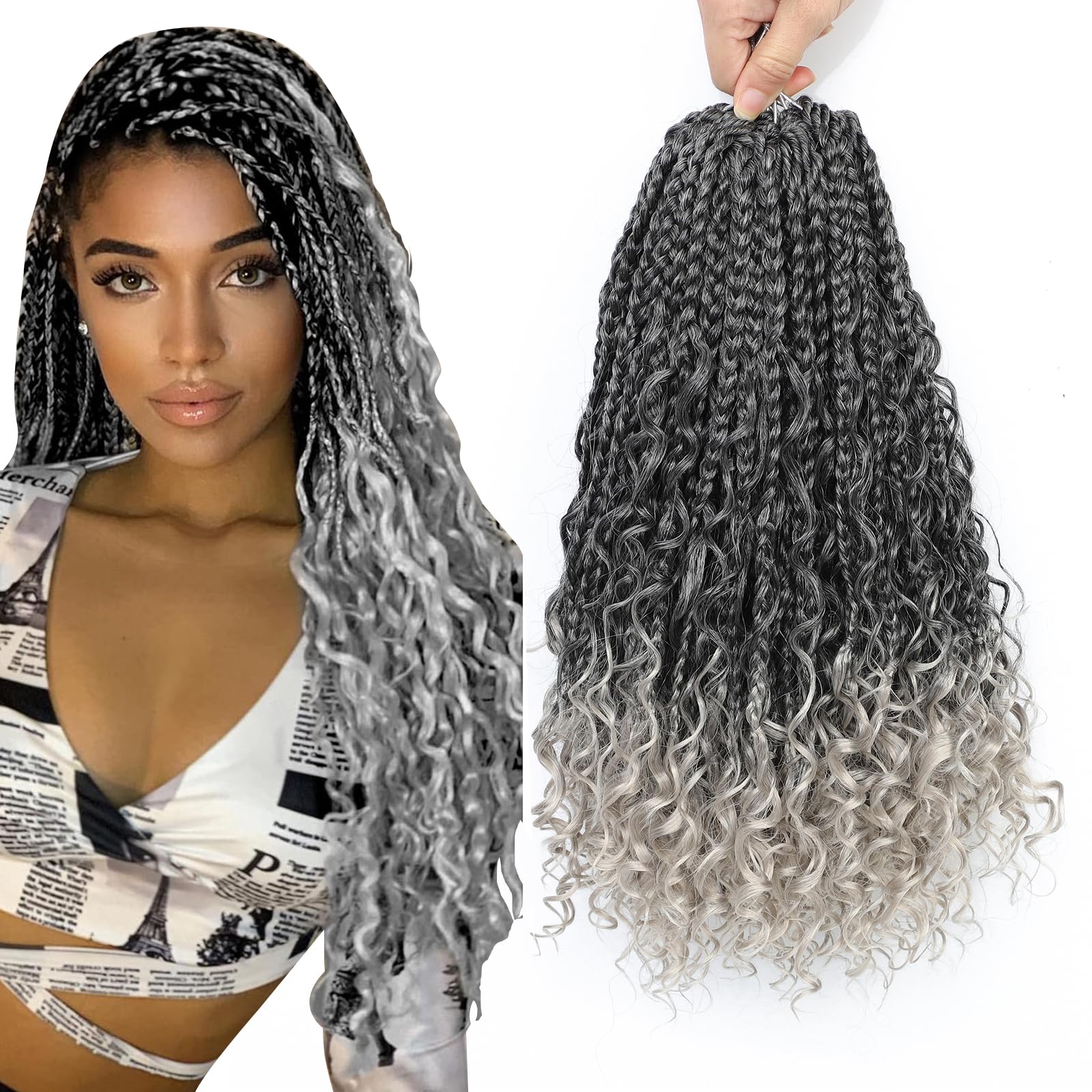 Boho Crochet Braids With Curly Ends - Goddess Box Braids, Boho Style - Pre Looped (14, 8 Packs, 1B/Silver#)