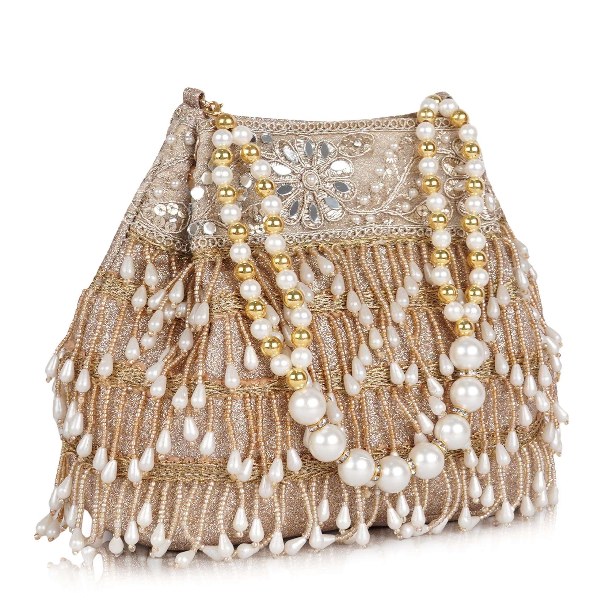 PU Silk Women’s Pearl & Bead Embellished Potli Bag with Beaded Handle | Designe Wedding & Festive Handbag-image-34
