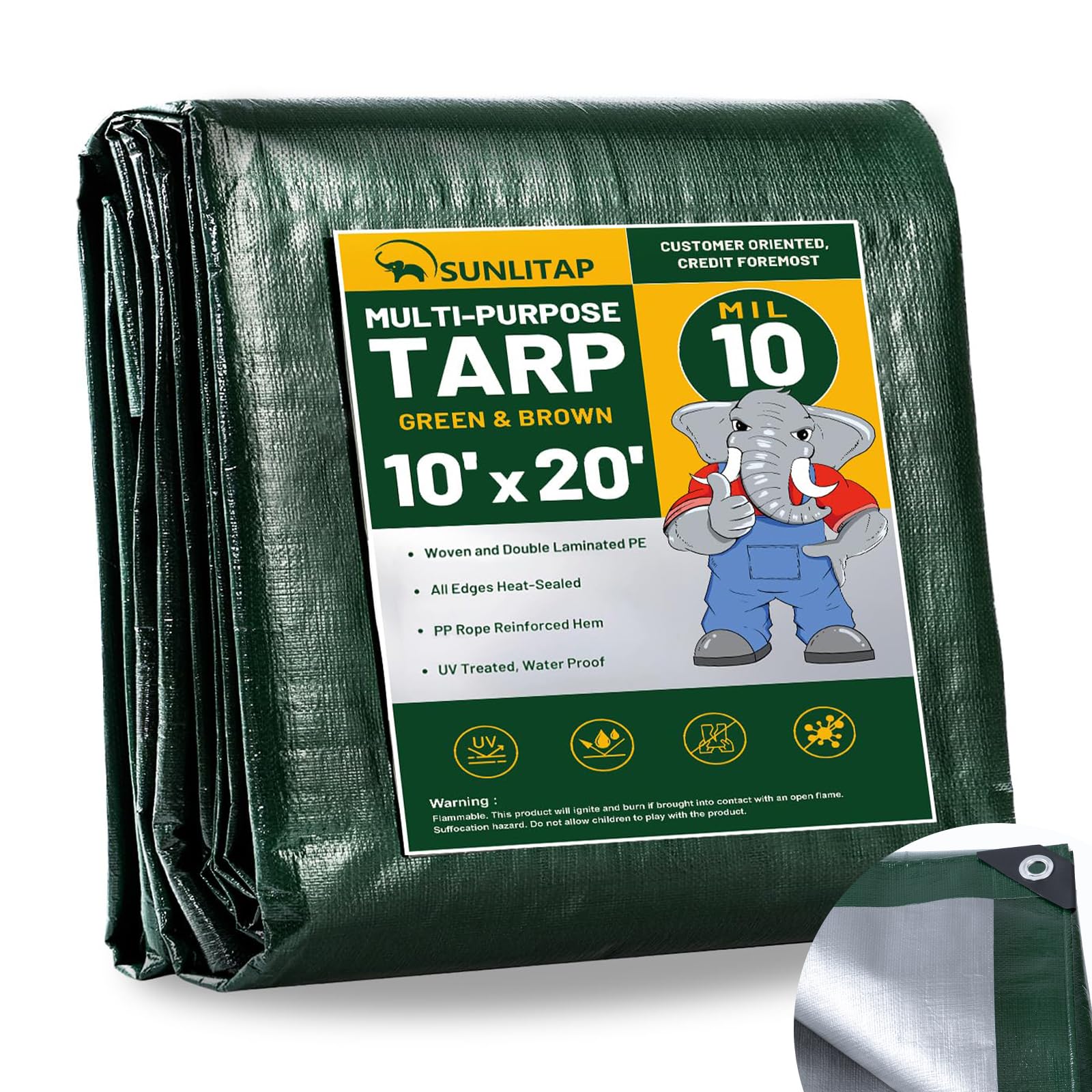 10x20Ft Large Heavy Duty Waterproof Poly Tarp Cover, Green, 10 Mil