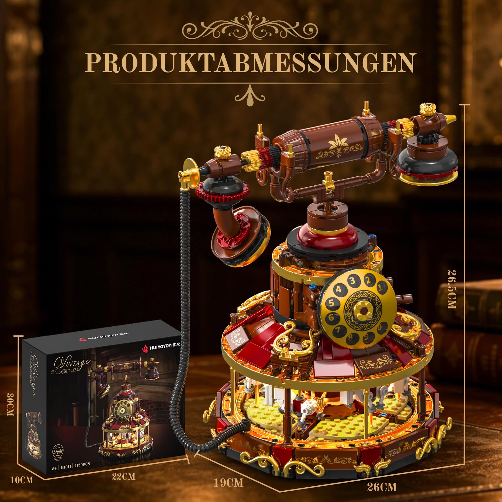 2 IN 1 Retro Telefon mit Licht, Modellbausatz Klemmbausteine für Erwachsene | 1130PCS Karussell-Baukasten, Vintage Deko, Vintage-Geschenk für Alle, Kreatives Wohnaccessoire, Sammler und Hobbyisten