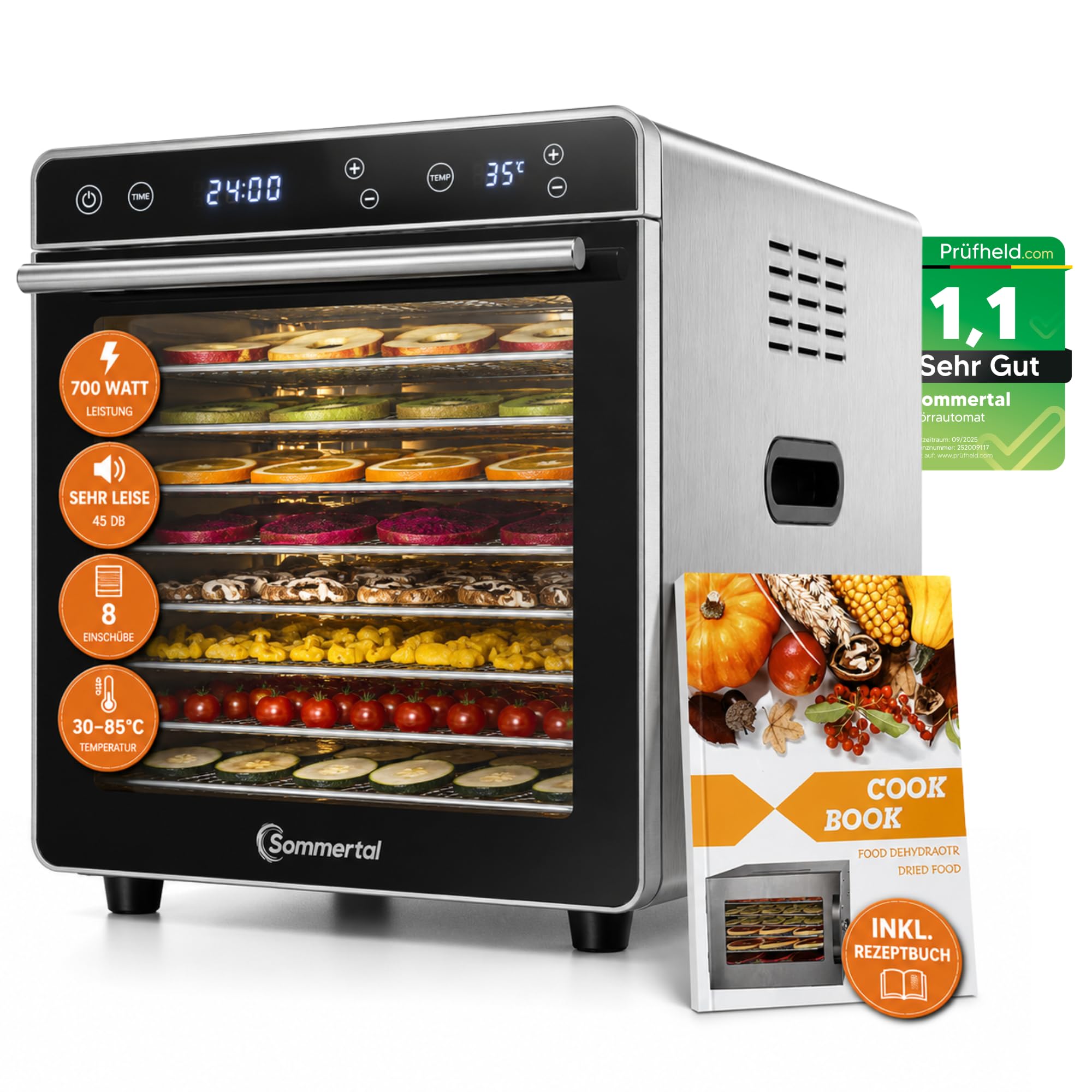 Sommertal Dörrautomat Silence 700 XXL | 8 Edelstahlgitter, 700W, BPA-frei | Food Dehydrator, Timer, LED-Display, Temperatur 35-85°C, Rezeptbuch, Dörrgerät für Obst, Fleisch, Gemüse & Kräuter