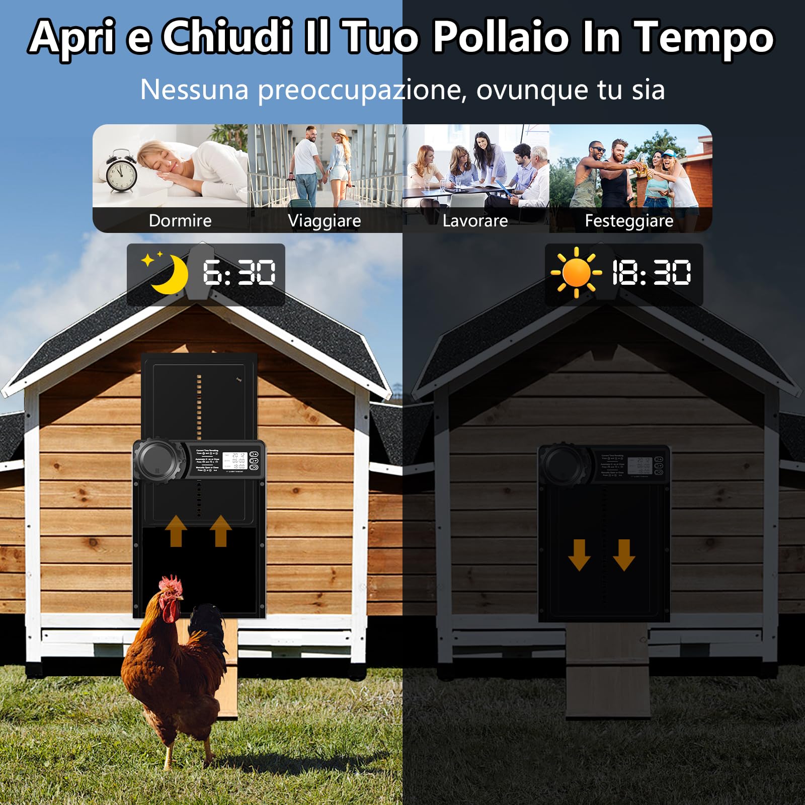 CHAMUTY Porta Automatica per Pollaio con Display, Porta Automatica Pollaio Alluminio, Timer di Ritardata Serale e Mattutina, Porta Pollaio Automatica, Nero