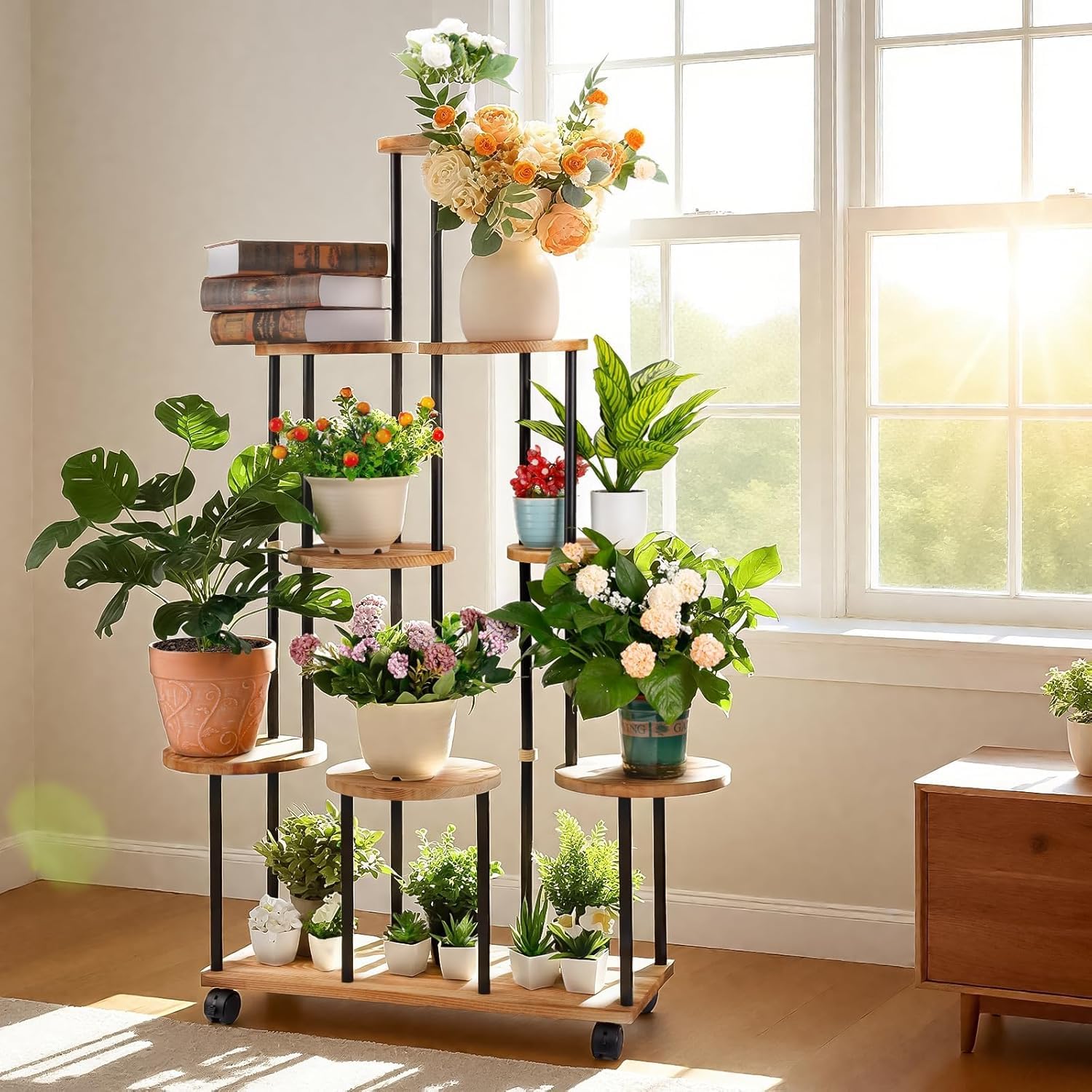 Blumenständer mit Rollen 9 Etagen Pflanzenregal Holz Pflanzentreppe Hoch Blumentreppen Metall Blumentreppe Indoor Blumenregal Innenbereich für Balkon Wohnzimmer Terrassen Wohnung