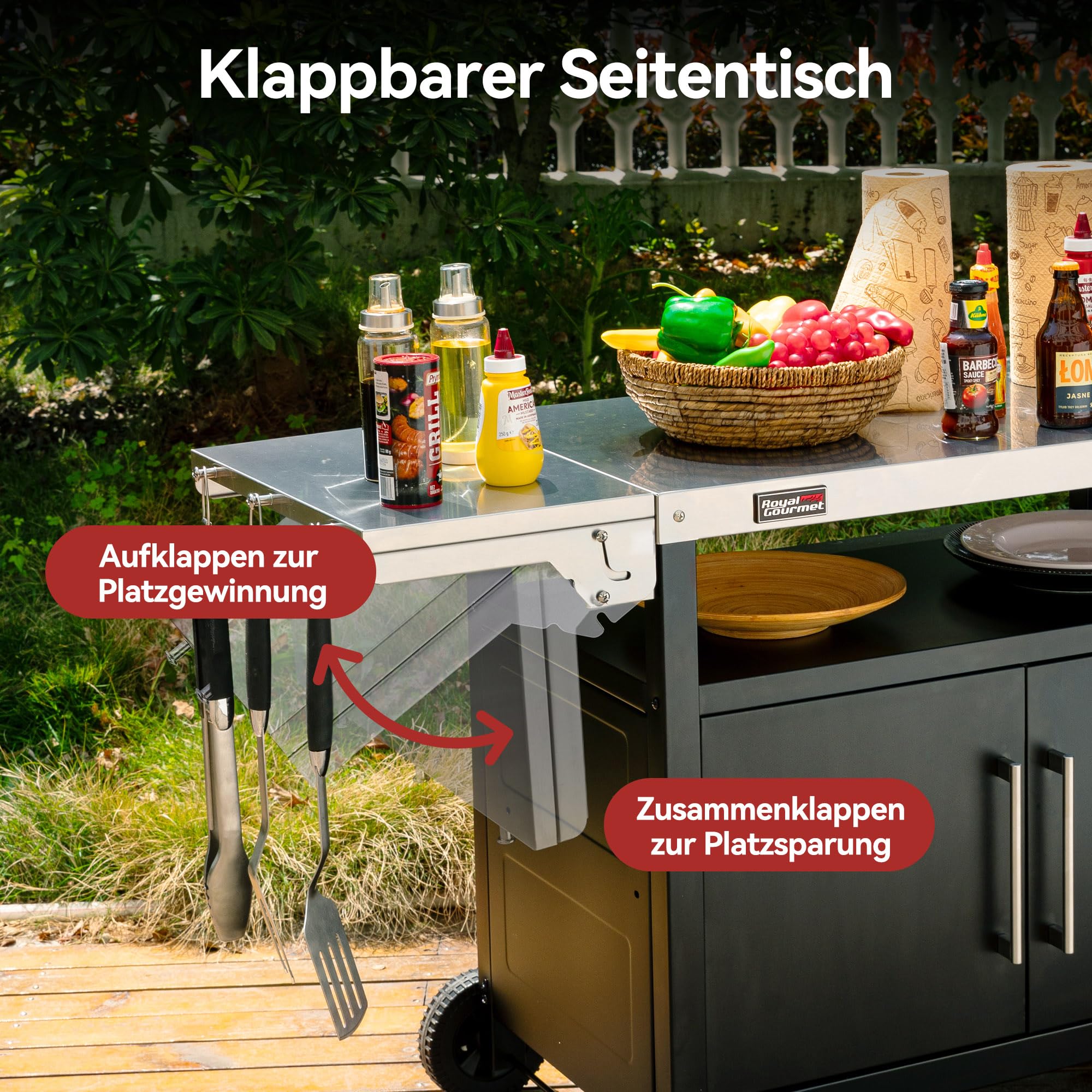 Royal Gourmet Carro de Barbacoa con Mesa Lateral Plegable, Mesa de Barbacoa con asa, Armario bajo, Carro para Barbacoa con Tablero de Acero Inoxidable, Carrito para Servir con Ruedas