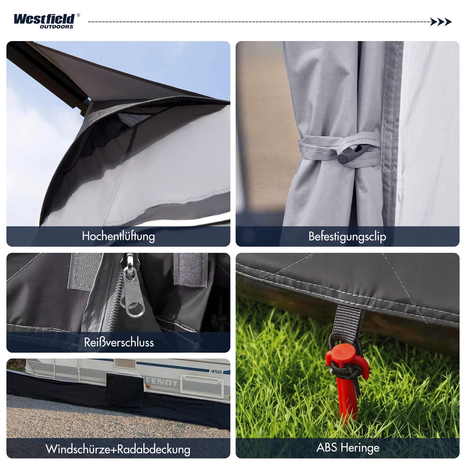 Westfield Outdoors Dorado XL 375 x 250 cm aufblasbares Vorzelt, Wohnwagenvorzelt, Wasserdicht 3000 mm, UV-beständig, Panoramafenster & Moskitoschutz, inklusive Pumpe & Tragetasche
