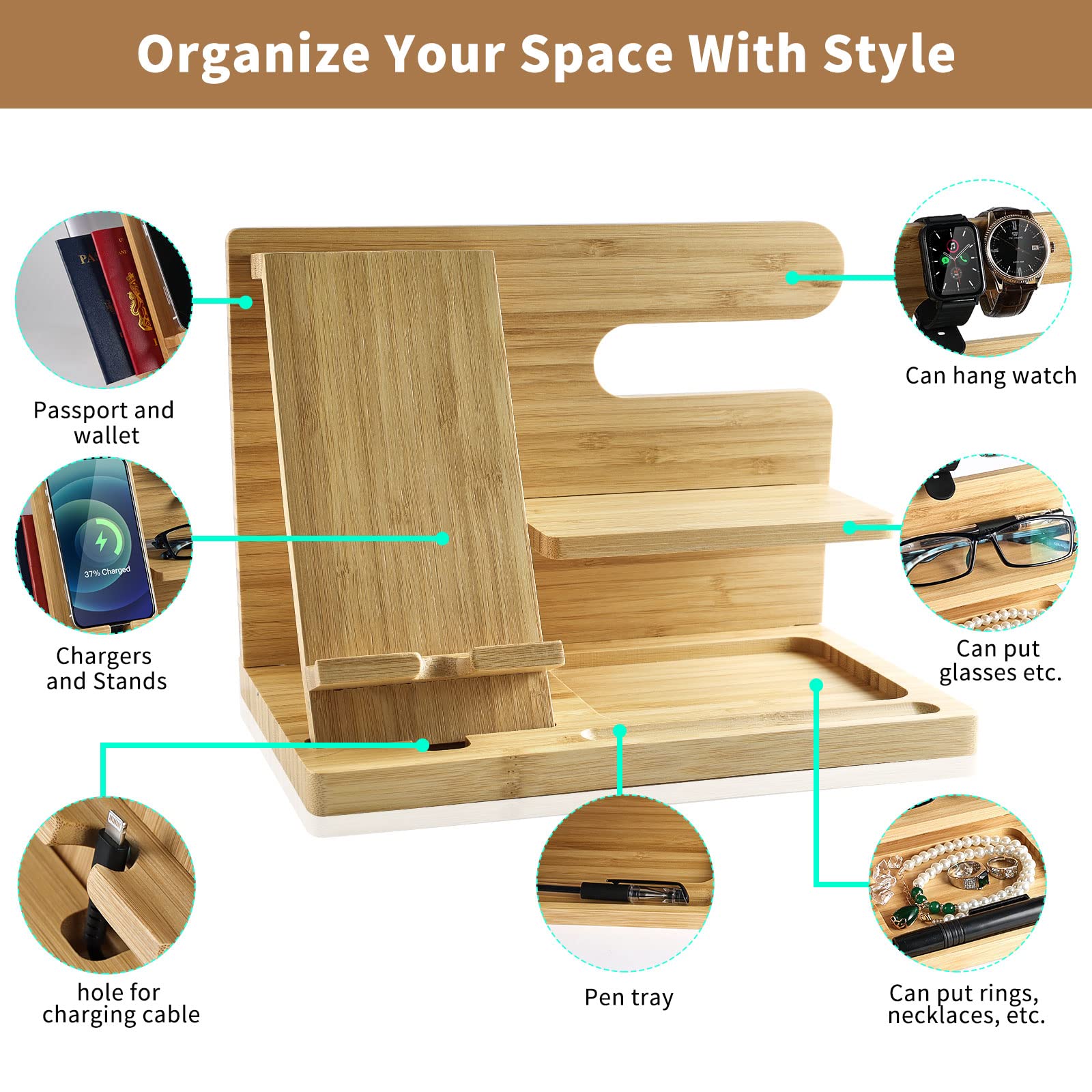 AICase Gifts for Men Wooden Docking Station Nightstand Organizer Charging Station,Cell Phone Stand Charging Accessory Nightstand for Earbuds Watch Phones Tablets Smartphones Electronics for Home